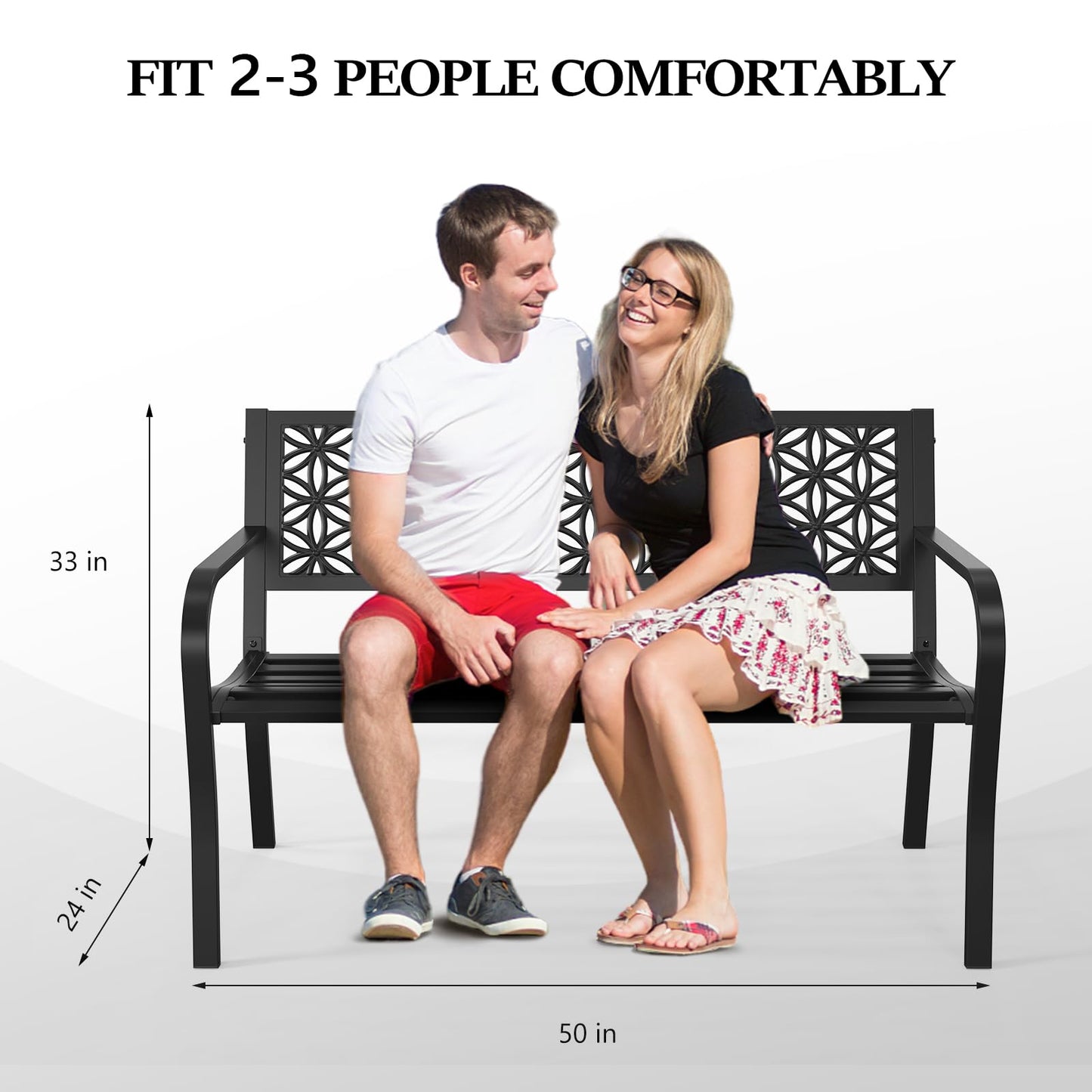 VINGLI 50" Outdoor Bench Metal with Floral Back, Garden Bench Front Porch Benches for Yard Patio Entryway Park Outside, 800lb Capacity - Black