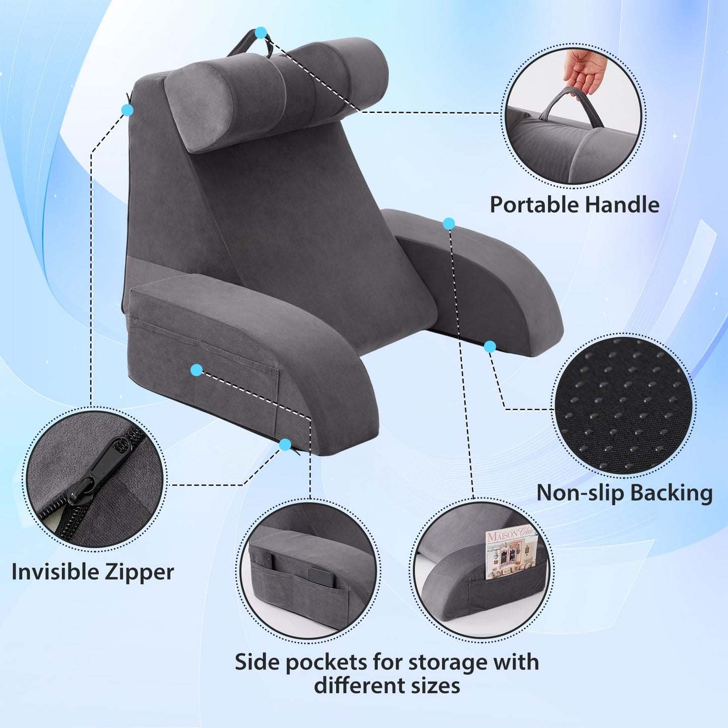 Velorose Reading Pillow for Sitting in Bed Adult, Back Pillow for Bed Sitting up, Backrest Pillow with Arms, Back Support Pillows for Gaming Lounging Watching TV, Medium 19" Grey