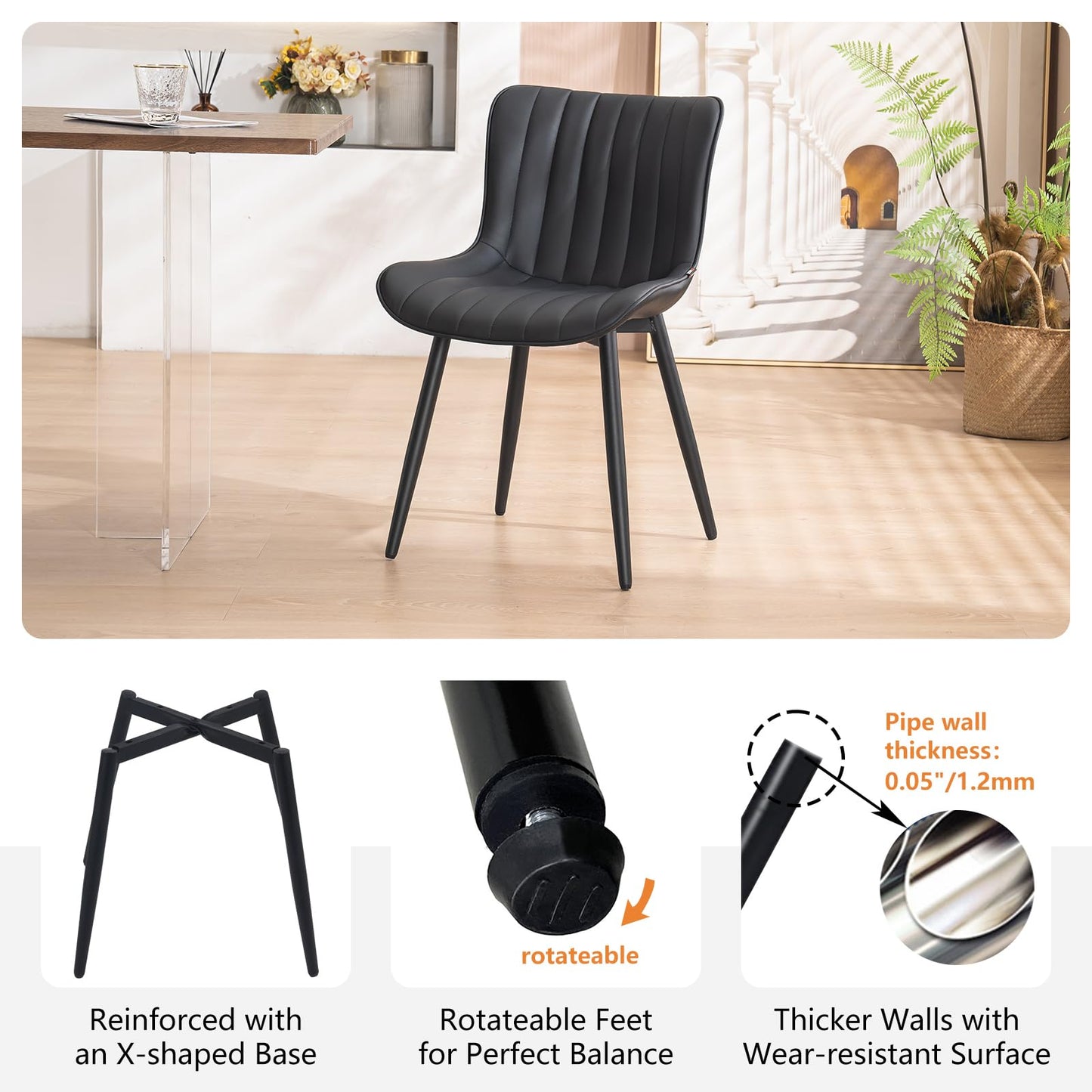 YOUNUOKE Black Dining Chairs Set of 2, Faux Leather Upholstered Kitchen & Dining Room Chairs with Back, Mid Century Modern Minimalist Accent Chair Armless for Guest Reception Waiting Living Room