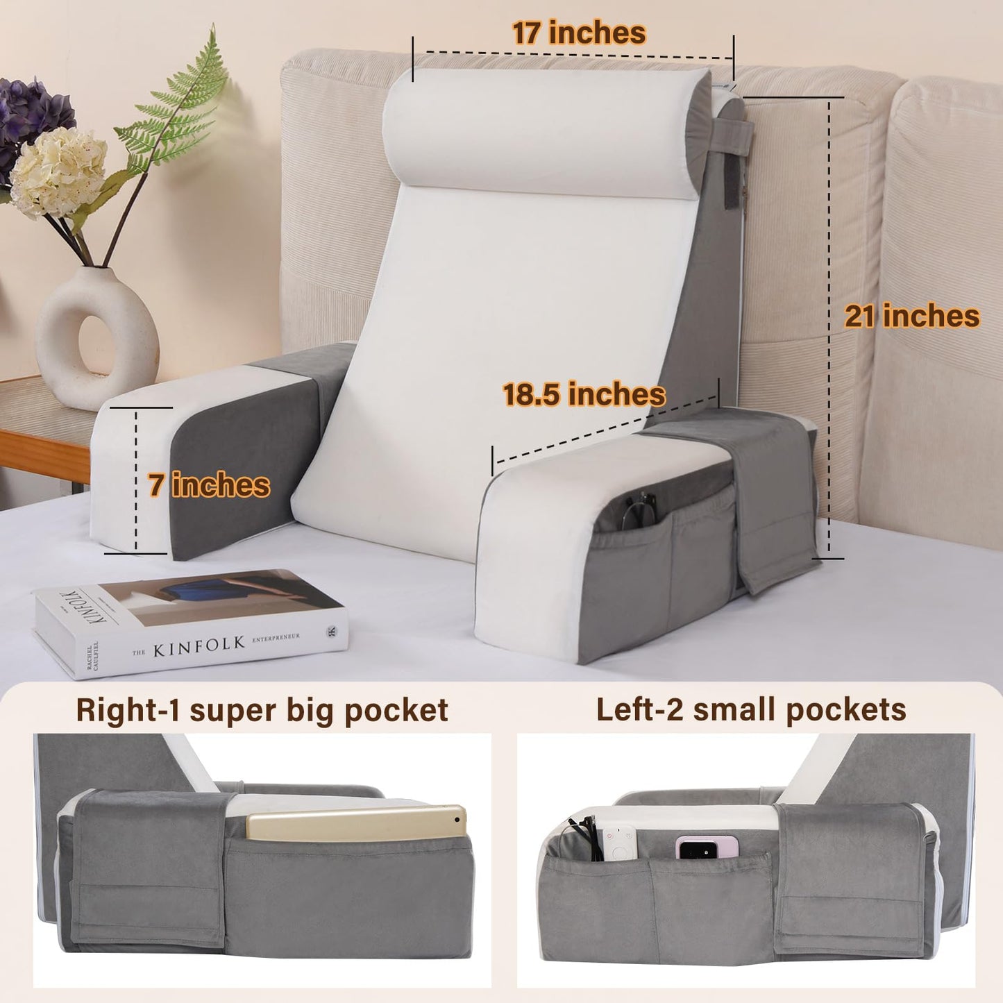 Vekkia Reading Pillow with Adjustable Arms & Headrest – Zoned Foam Support, XL Side Pockets, Removable Cover, Back Support Chair for Reading, Gaming, Post-Surgery Recovery in Bed or Floor, 21"