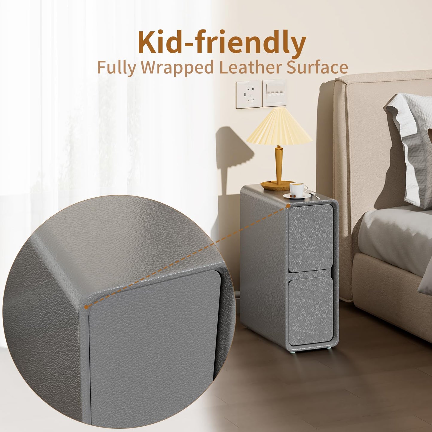 VICITON Modern Narrow Faux Leather Nightstand, Solid Wood Drawer, Storage Accent Table, Small Side End Table for Bedroom (Gray, Narrow)