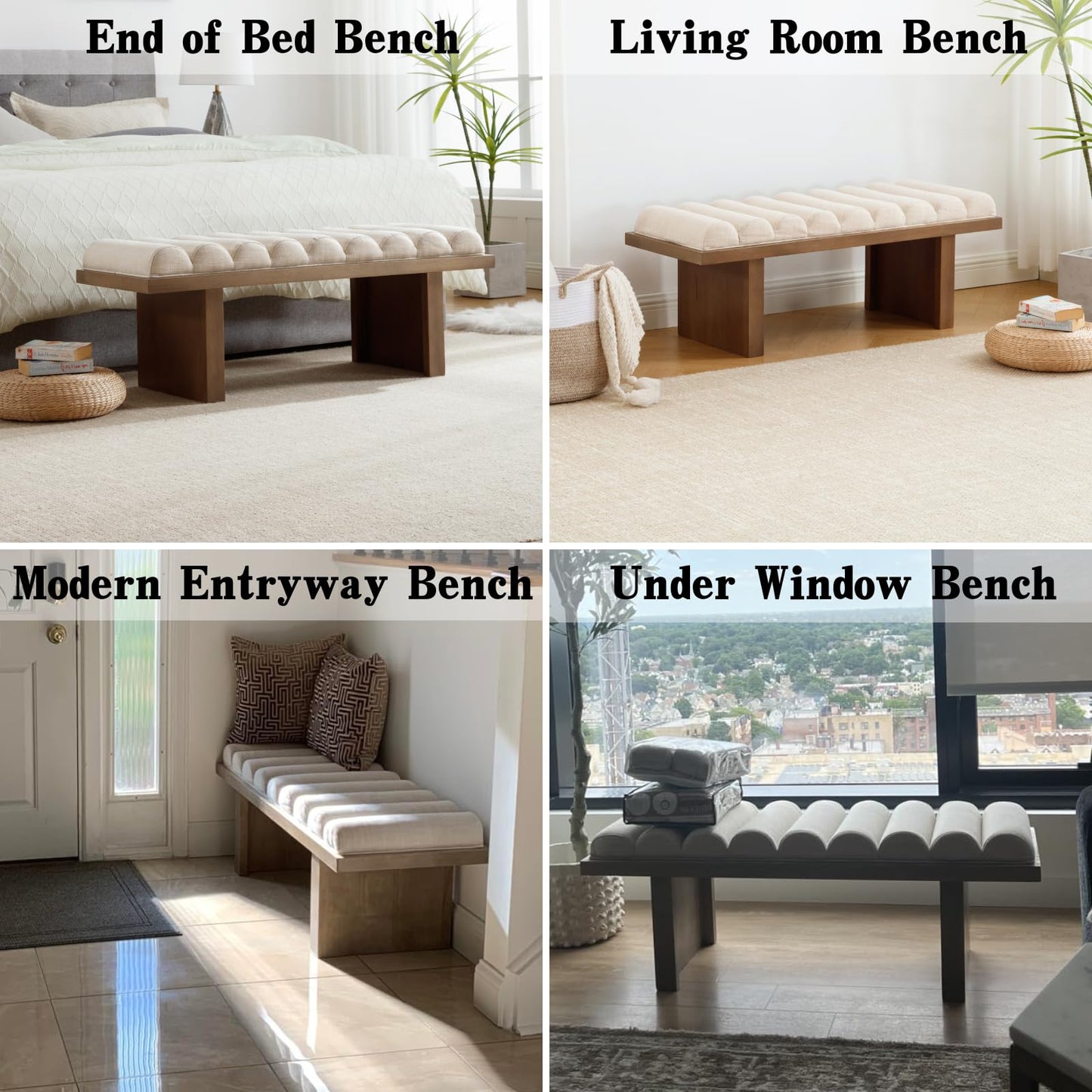 Ya-Home Modern Upholstered Entryway Bench, 47” Linen Fabric Bedroom End of Bed Bench with Cylindrical Cushion/Solid Wooden Base, Window Padded Benches for Living Room/Foyer/Hallway, Natural Leg