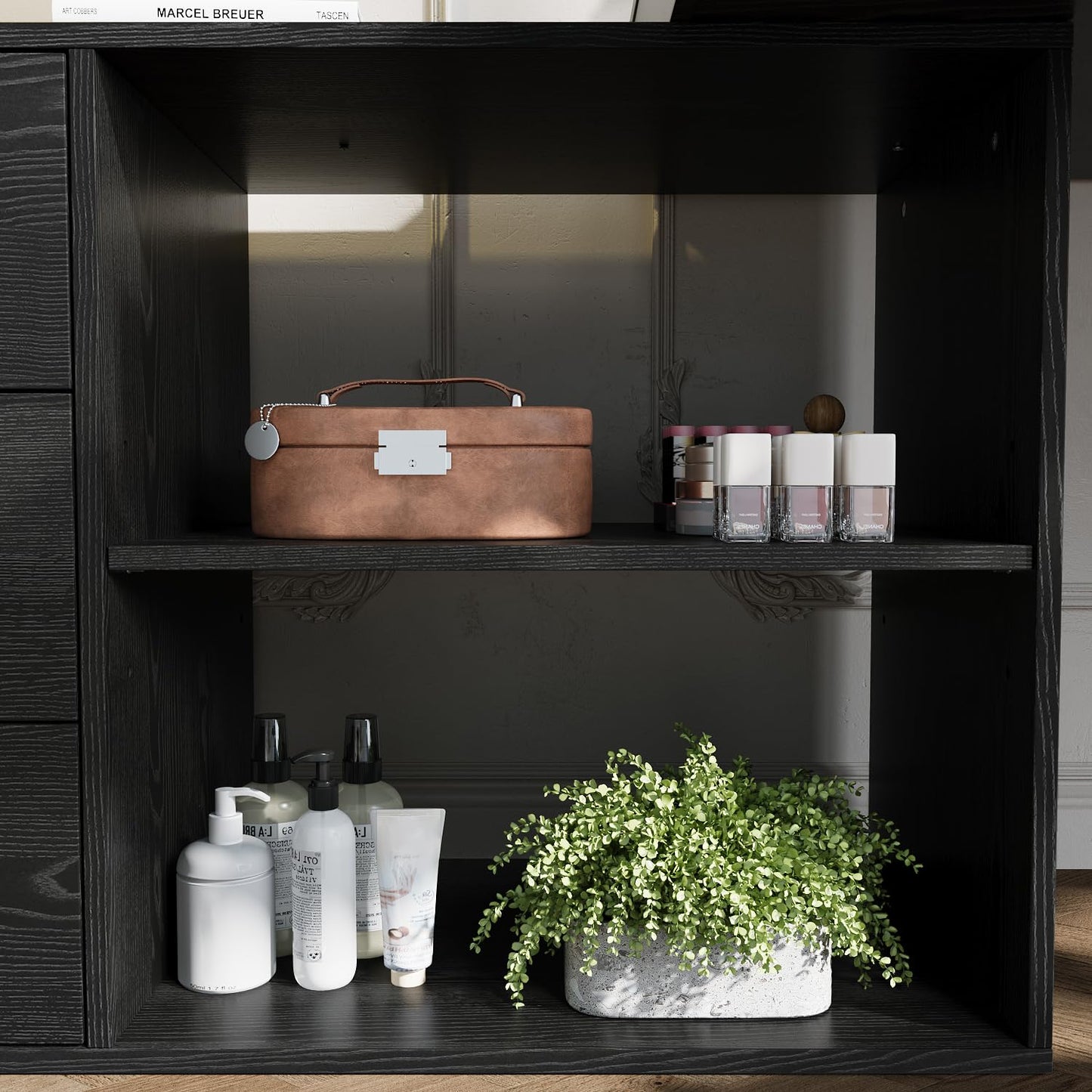 WOODTIME L-Shaped Makeup Vanity Desk with Glass Desktop & Cabinet, Corner Dressing Table with 5 Drawers & Shelves, Black Wood Grain