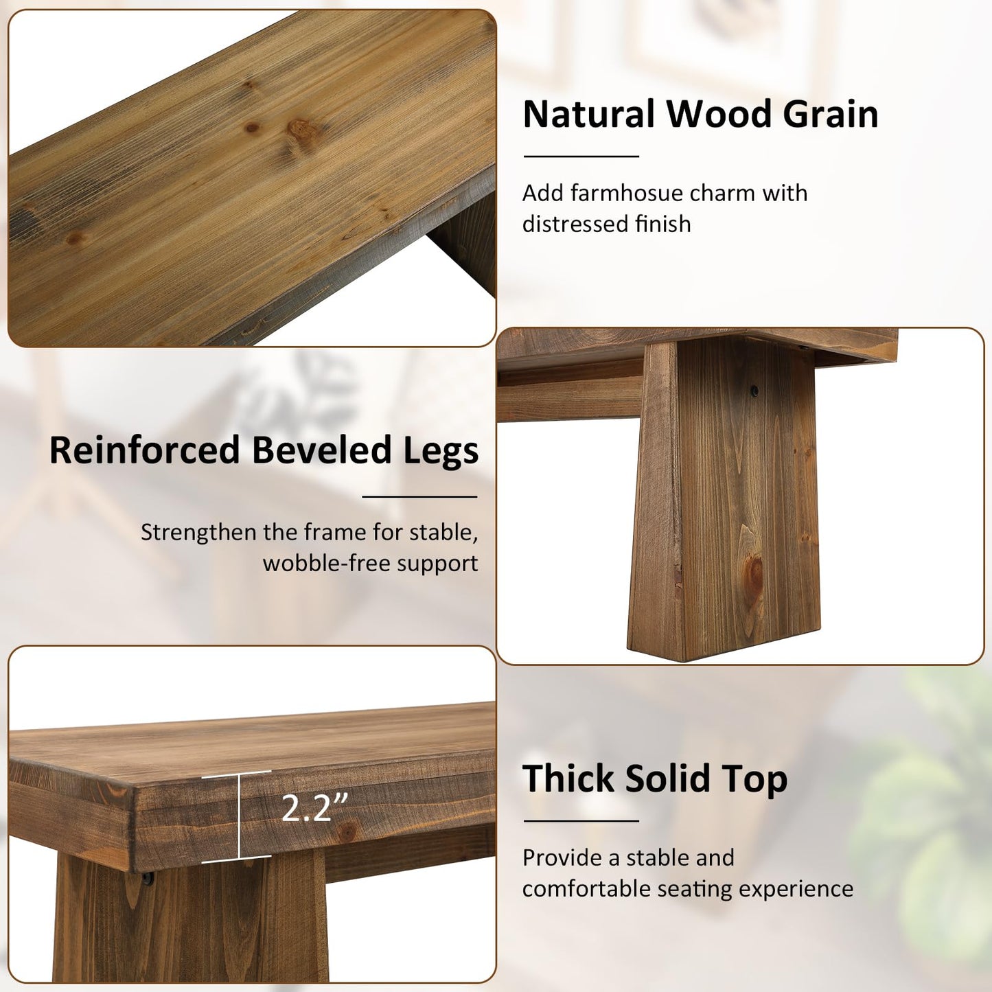 Wnutress 43" Farmhouse Solid Wood Benches Indoor with Wide Angled Legs, Rustic Long Entryway Bench Seat for Dining Table, Kitchen, End of Bed, Living Room, Hallway, Handcrafted Finish, Natural