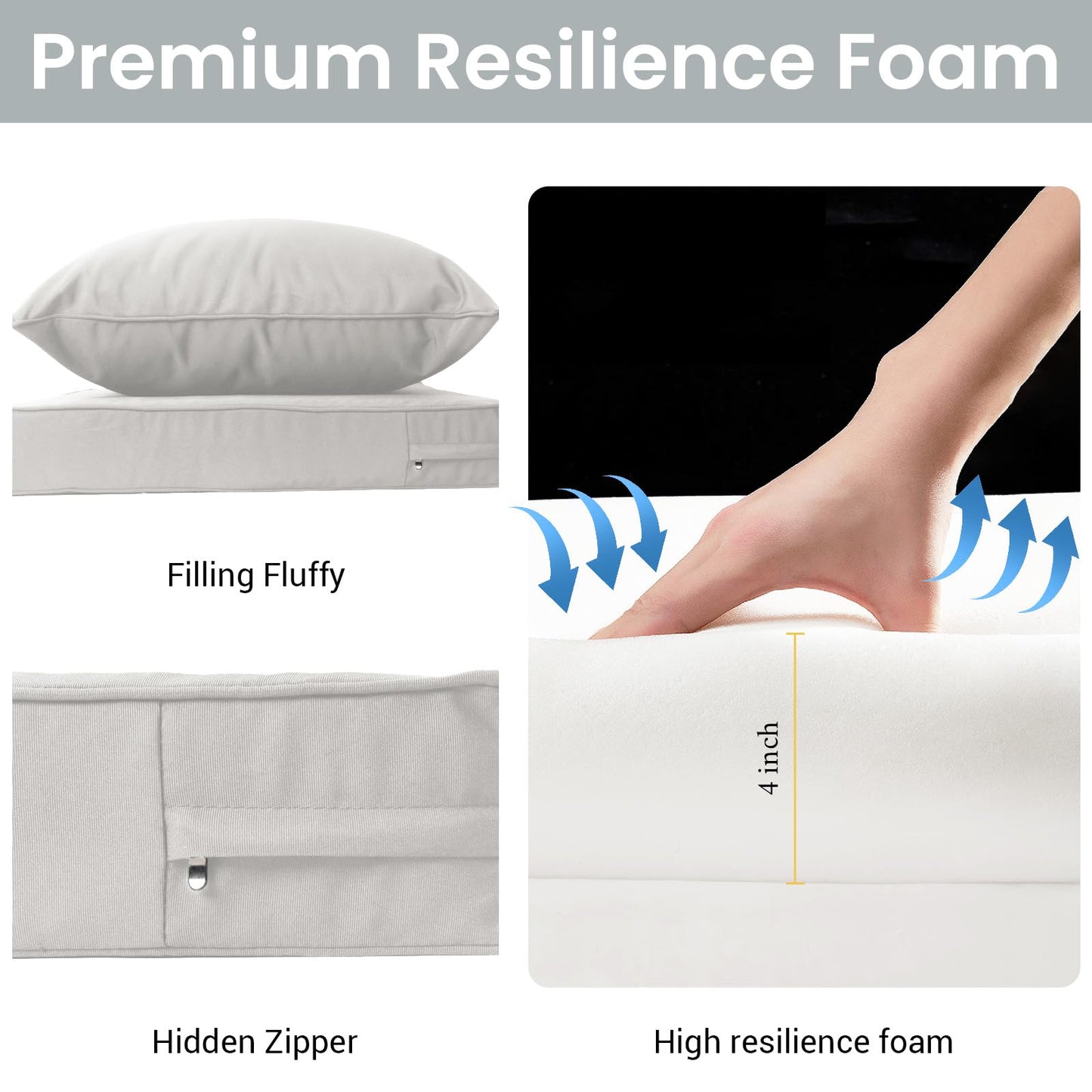 THMINS Grey Outdoor Patio Cushion Set of 4, 24x24 Inch Deep Seat and Back Cushions, Waterproof & Fade-Resistant, Removable Covers.