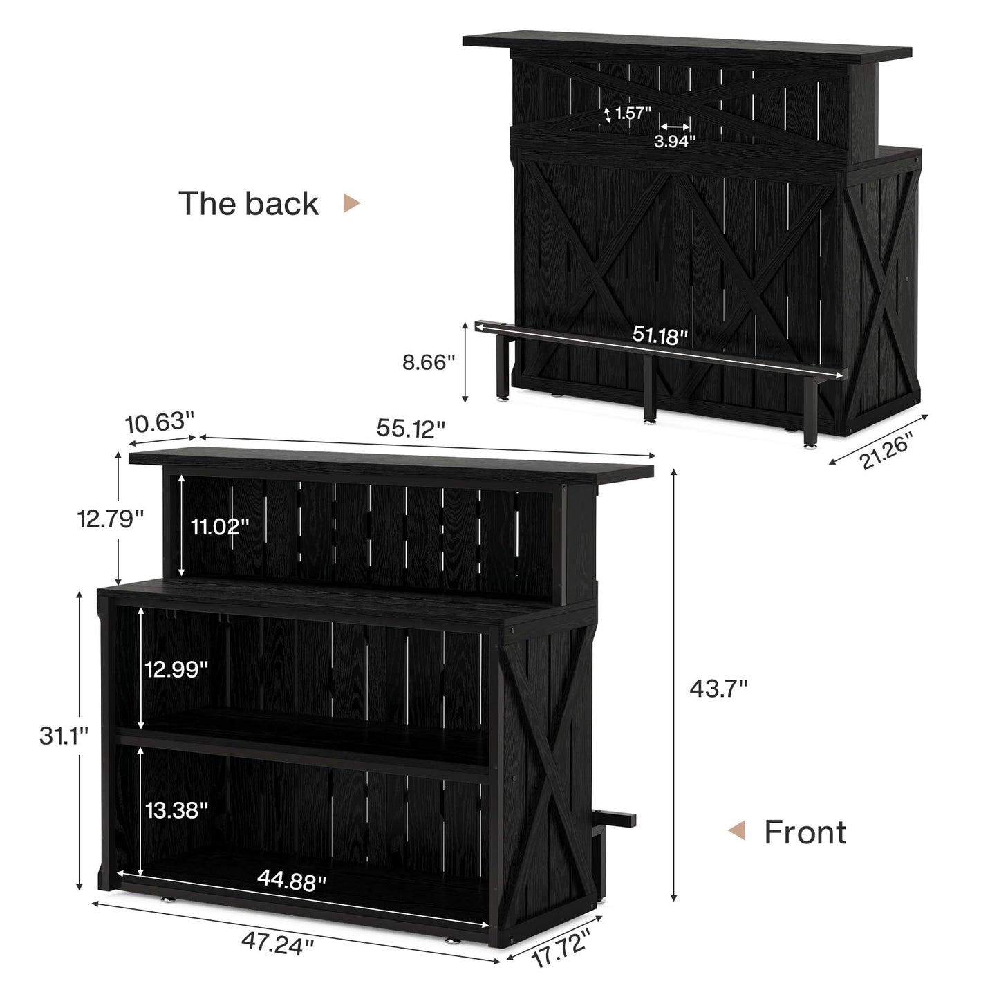 Tribesigns Home Bar Unit, 4-Tier Black Bar Table Height Pub Table with Footrest, 55-Inch Modern Wine Bar Cabinet for Home Pub, Bistro