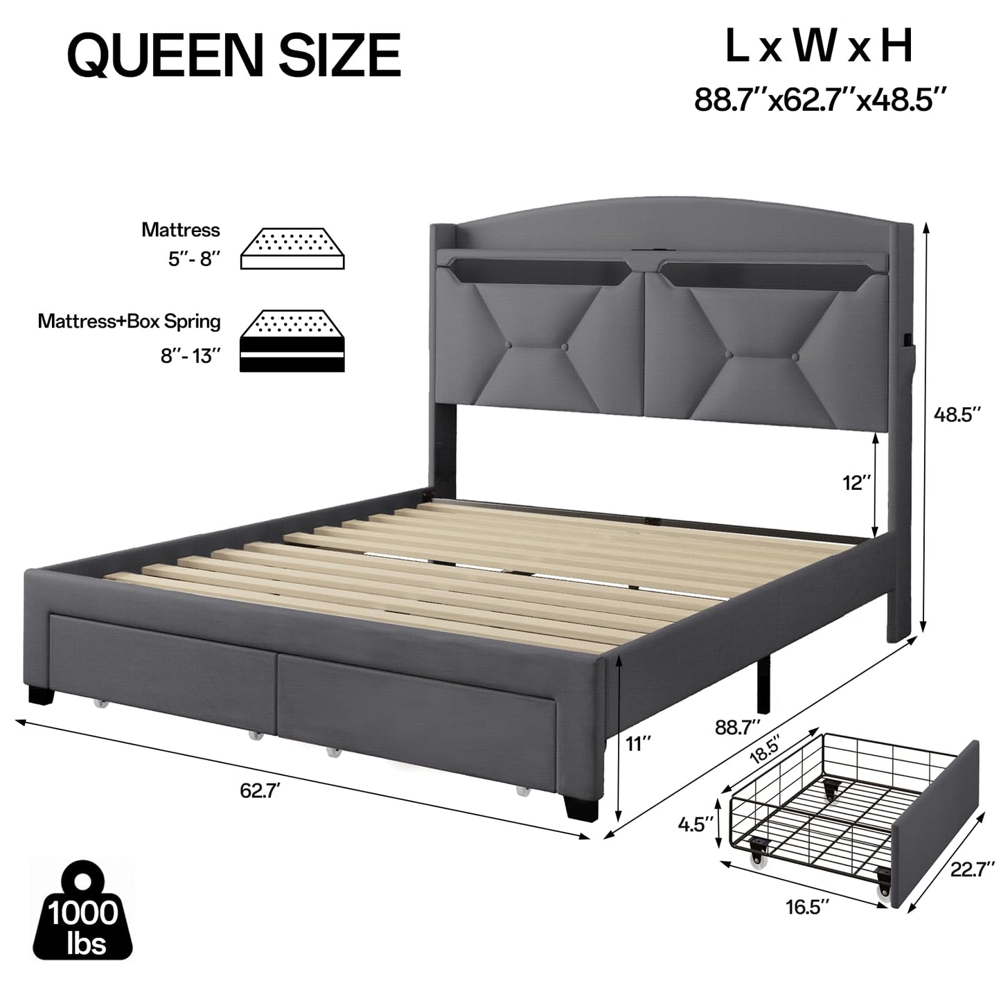 VINTLJUS Queen Size Bed Frame, Queen Bed Frame with Storage Drawers, Upholstered Bed Queen Size with Charging Station and LED Lights, Easy Assembly, Grey