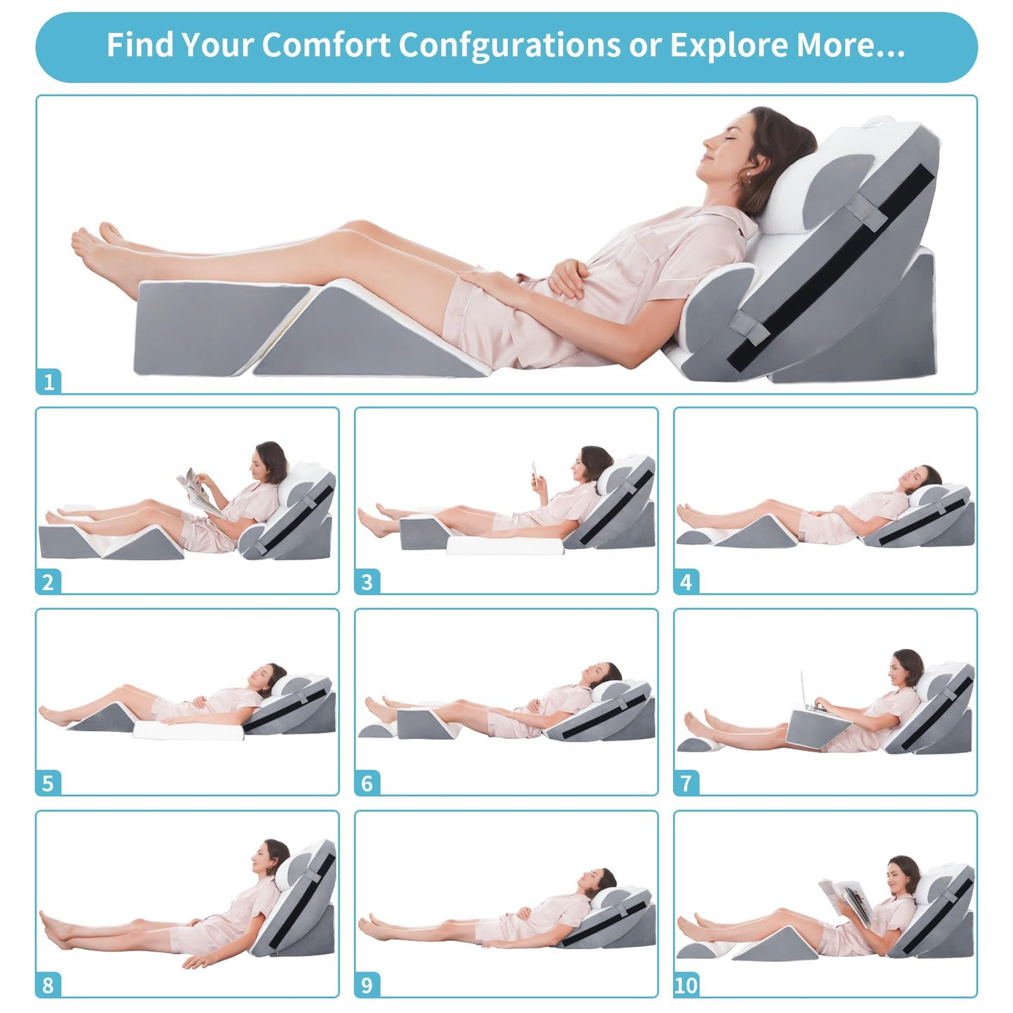 Maigaoukus 6PCS Orthopedic Bed Wedge Pillow Set for After Surgery – Adjustable Memory Foam Body Positioners for Leg, Knee, Back Pain Relief, Elevated Pillows for Adult Sleeping Acid Reflux