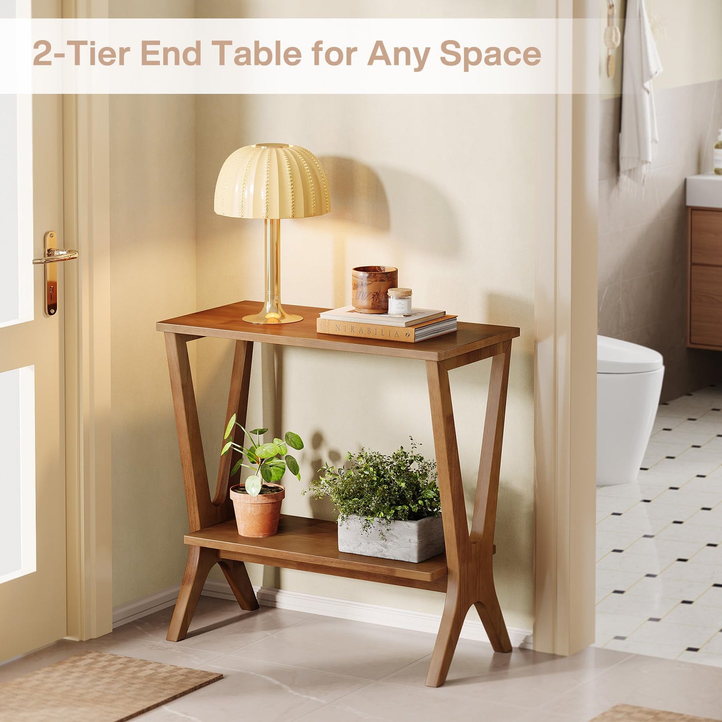 TRIBEWOOD Solid Wood End Table Set of 2, 2-Tier Storage Shelves Sofa Couch Side Table with Sturdy Legs, Wooden Narrow Retro Nightstand for Small Spaces, Bedroom, Living Room, Apartment, Vintage Brown