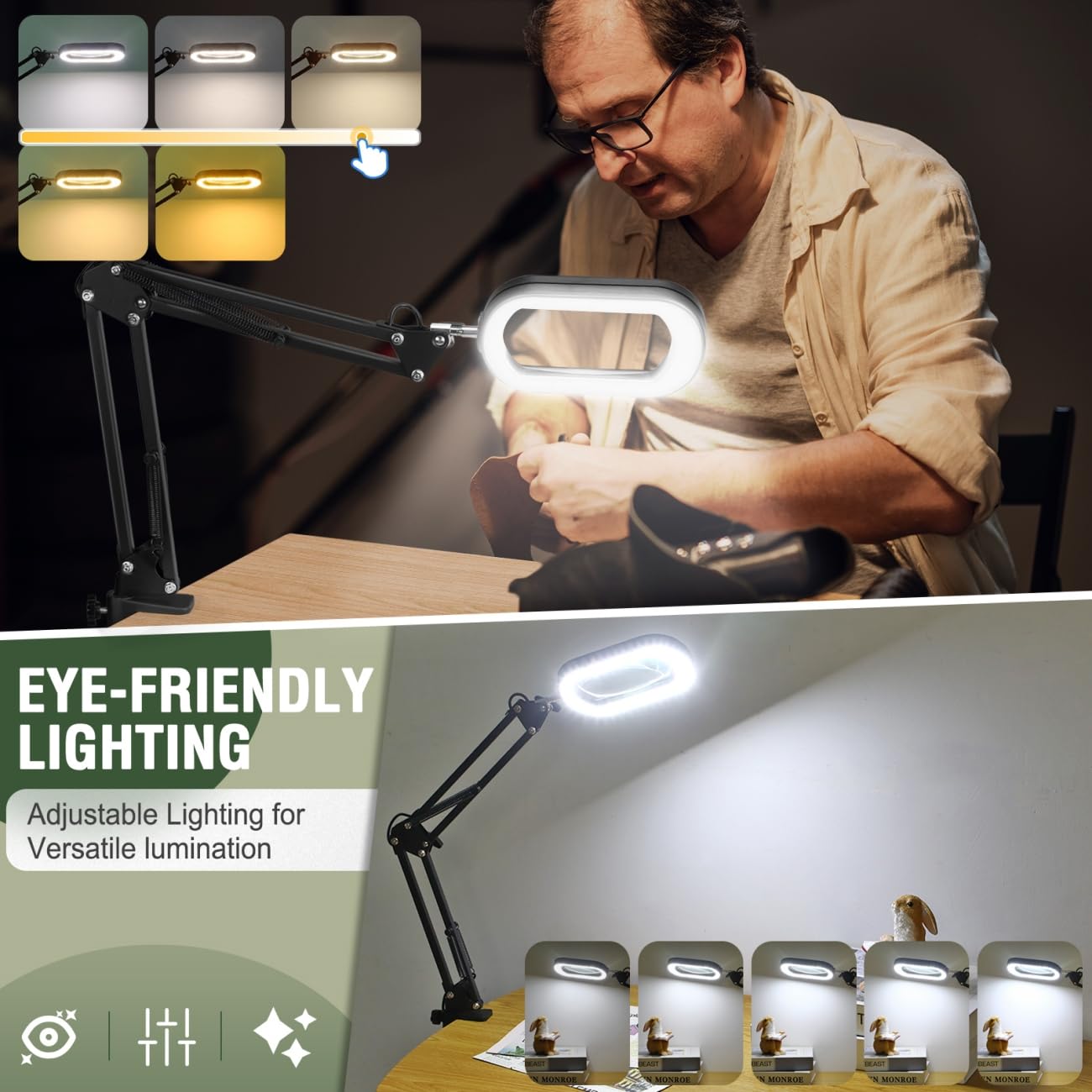 Veemagni 10X Rectangle Magnifying Glass with Light and Stand, 5 Color Modes Stepless Dimmable, 2-in-1 LED Lighted Desk Lamp & Clamp, Hands Free Magnifier for Reading Crafts Repair Painting Close Work