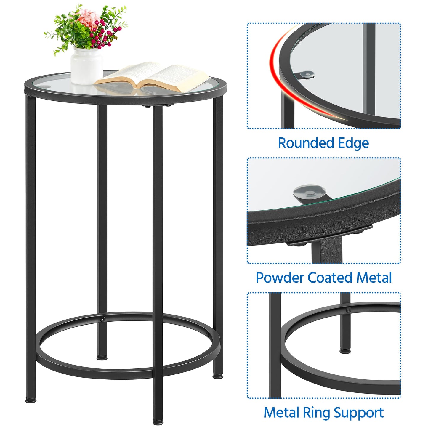 Yaheetech Black Glass End Table Set of 2, Round Side Table Modern Style Tall End Table Accent Table with Glass Top & Metal Frame, 2pcs Glass Side Table for Living Room, Balcony, Bedroom
