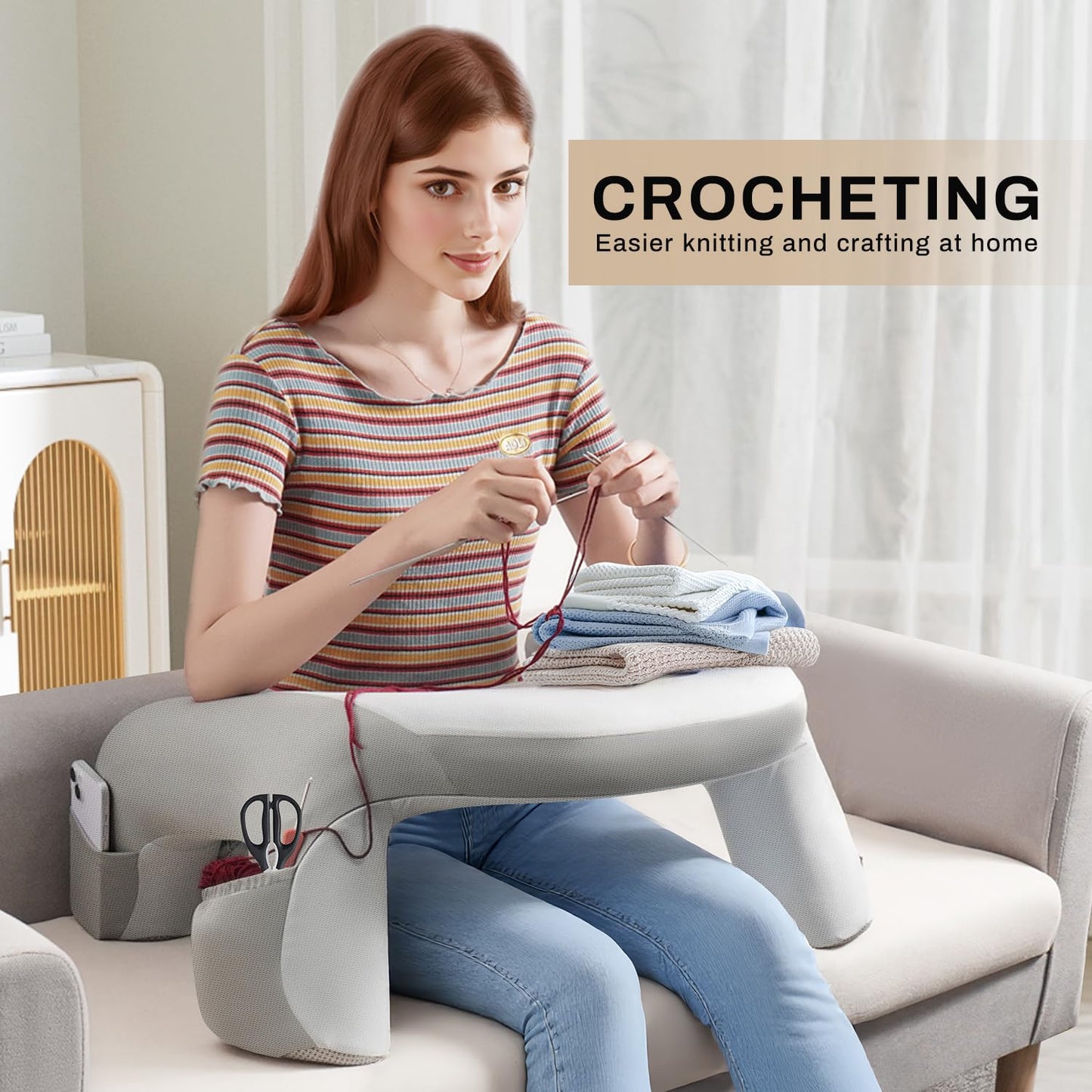 WOGAHEV Reading Pillow for Bed, Lap Desk for Laptop, Memory Foam Arm Rest Support Gaming Pillow with Cup/Phone Pocket, Laptop Lap Desk for Working, Gaming, Reading on Couch Bed Floor- Grey