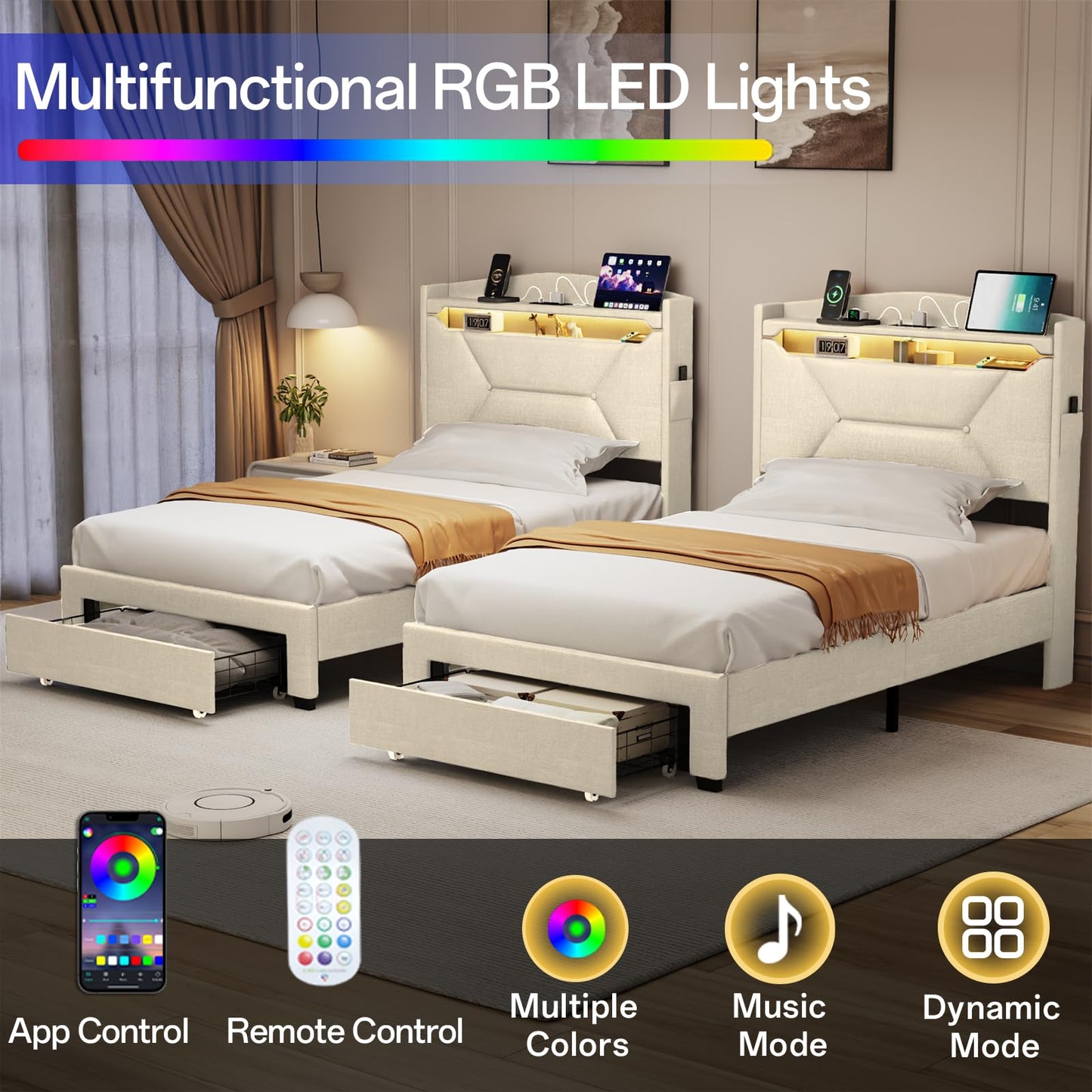 VINTLJUS Twin Bed Frame, Twin Bed Frames with Storage Headboard, Upholstered Twin Size Bed Frame with Drawers, Charging Station and LED Lights, Easy Assembly, Beige