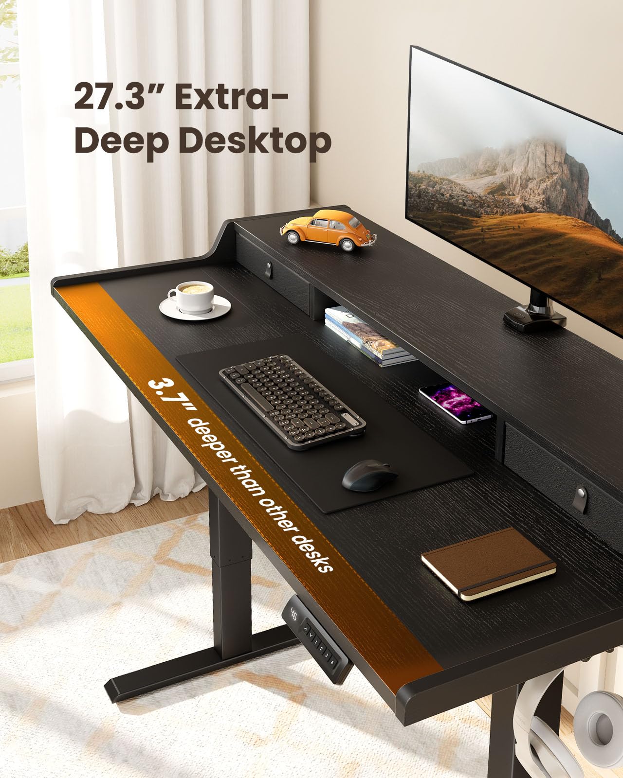 ErGear Electric Standing Desk with Drawers, 55″ x 28″ Gaming Table Compatible Monitor Stand, Stand up Desks, Home Office Height-Adjustable Desk with Storage Shelf, 4 Preset Heights, Black