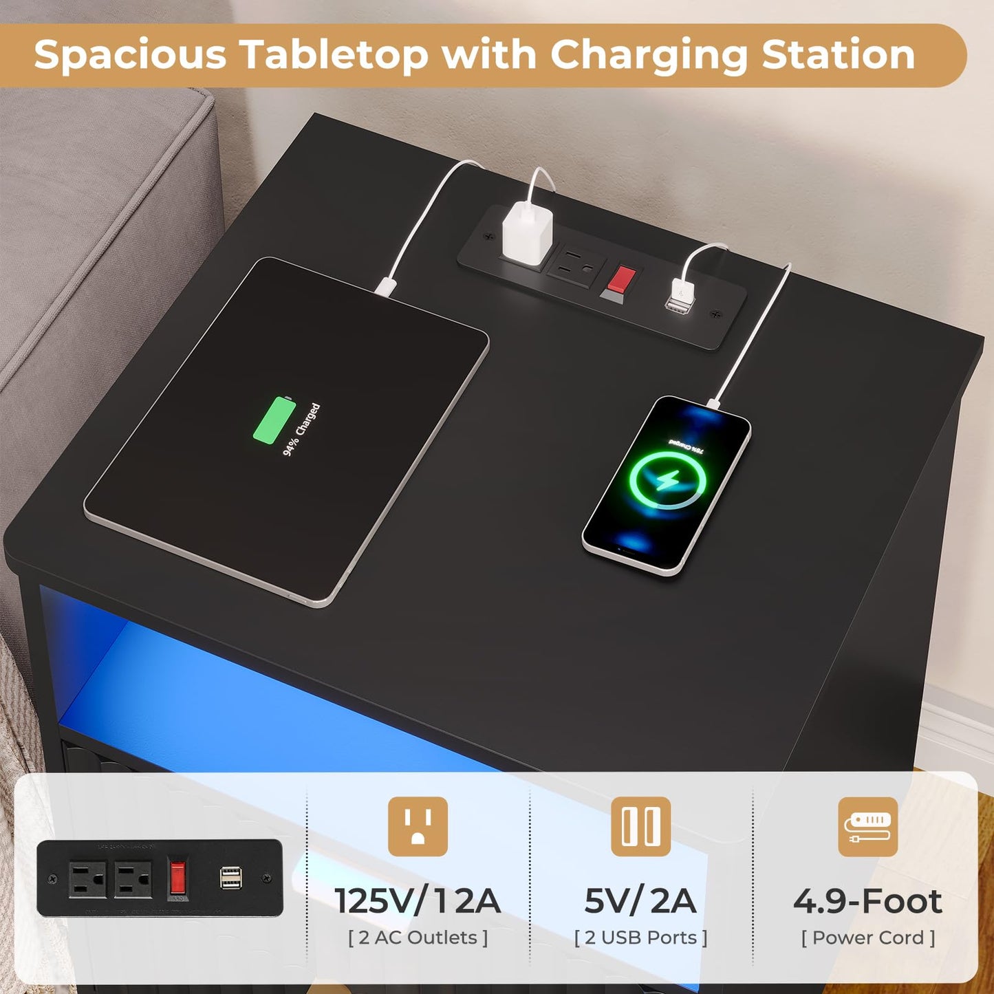 VIAGDO Fluted Nightstand with Charging Station and LED Lights, Modern Night Stand with 2 Drawers and Open Storage Cabinet, Bed Side Table with Gold Metal Handle for Bedroom, Black