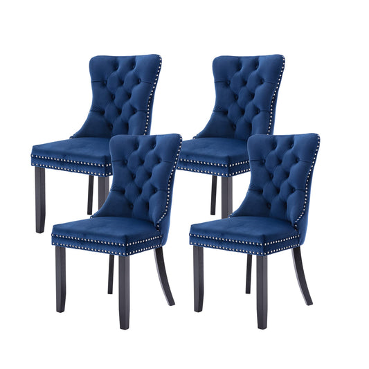 Virabit Blue Dining Chairs Set of 4, Velvet Tufted with Nailhead Back and Ring Pull Trim, Upholstered for Kitchen/Bedroom/Dining Room