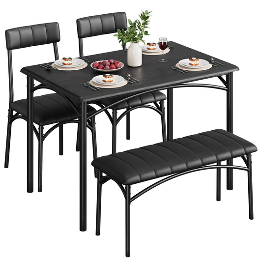 TROPOW Dining Table Set for 4, Kitchen Table and 2 Chairs & 1 Bench with Upholstered, 4 PCS Dining Table Set for Small Space, Apartment Home Kitchen