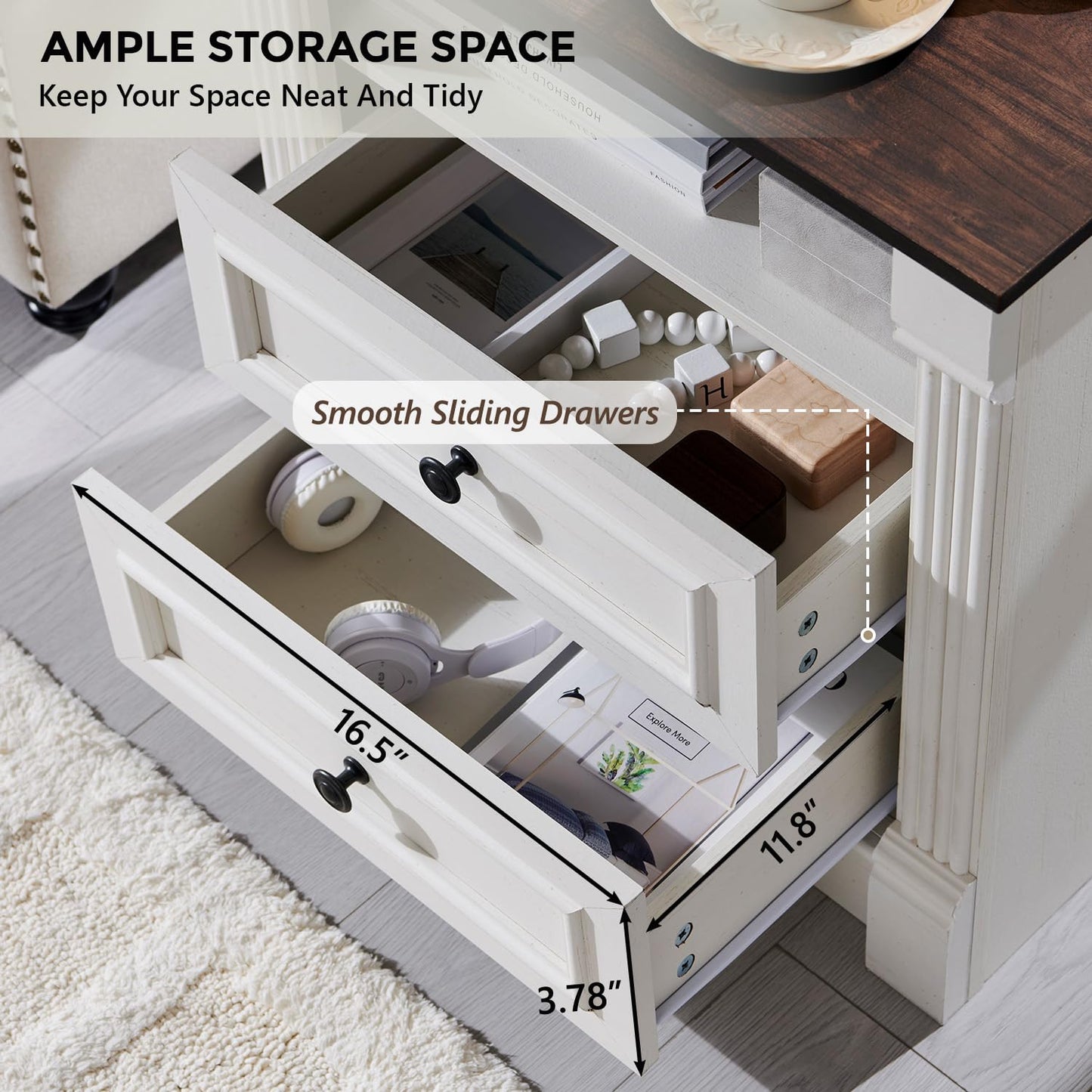 26" Tall Farmhouse Nightstand Set of 2, 2 Drawers End Table w/Charging Station, 23.6" Wide Large Side Table w/Roman Column, Wood Rustic Sofa Table w/Open Shlef, Bedside Table for Bedroom, White