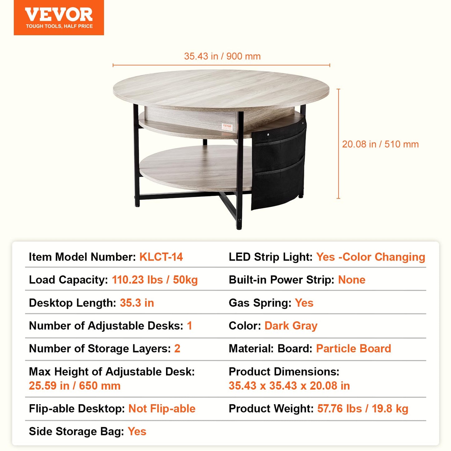 VEVOR Round Lift Top Coffee Table with LED Light, 35.43" Circle Coffee Table with Storage and Hidden Compartment, Farmhouse 2 Tier Large Dining Table for Living Room Reception Room, Wood, Gray