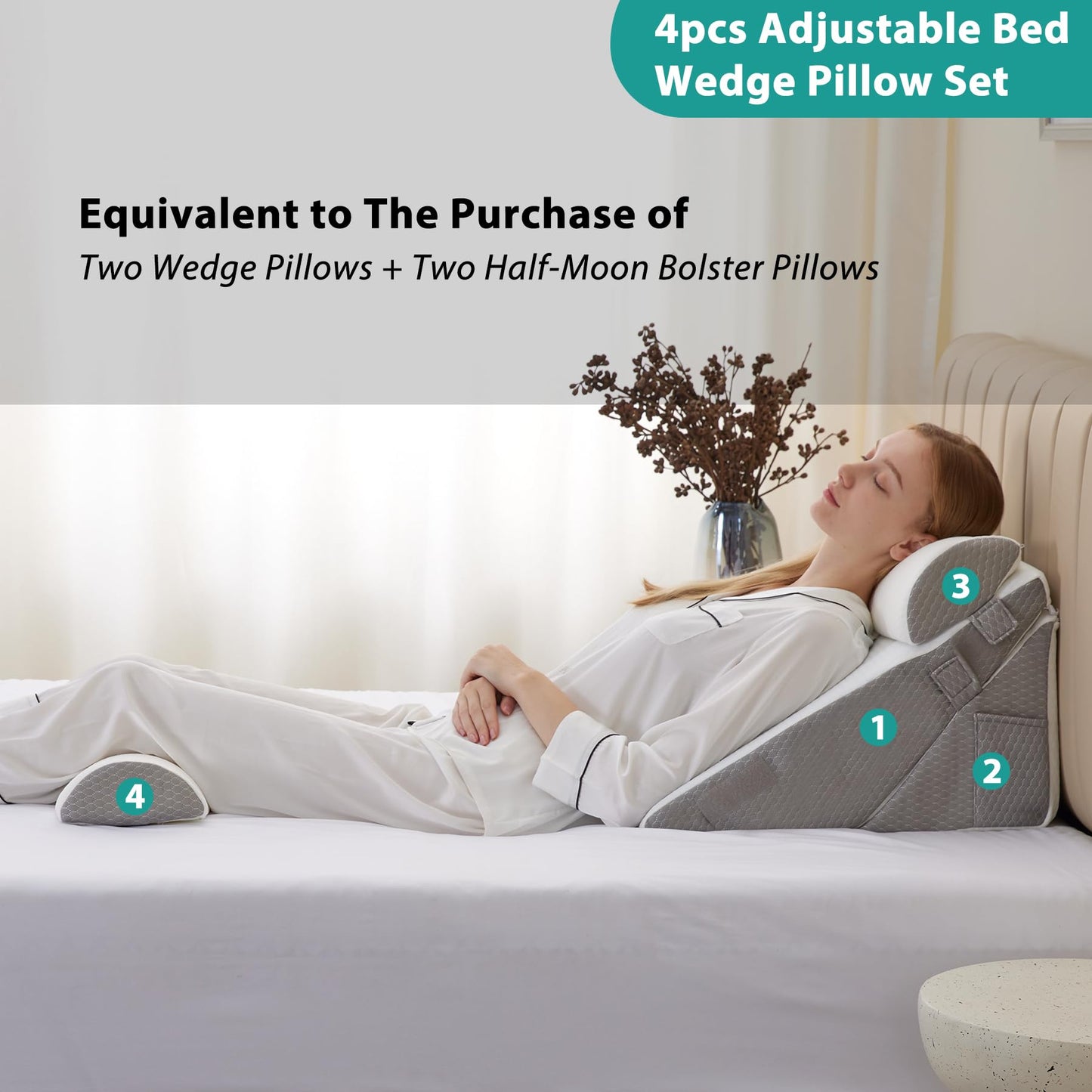 Bedluxe Adjustable 4pcs Bed Wedge Pillow Set, Memory Foam Wedge Pillows Post Surgery for Back, Neck, Leg Pain Relief, Pillow Wedge for Sleeping, Sitting up in Bed, Acid Reflux and GERD, White/Grey