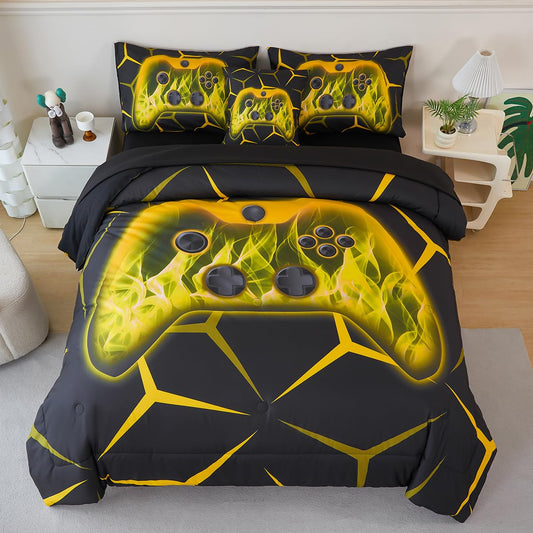 ZSYAYAHA Twin Comforter Set Black Boys Bed Set Geometric Gaming Bedding Set for Kids 6 Pieces Bed in A Bag Set Soft Yellow Game Action Buttons Bedding Set for All Season(Yellow, Twin)