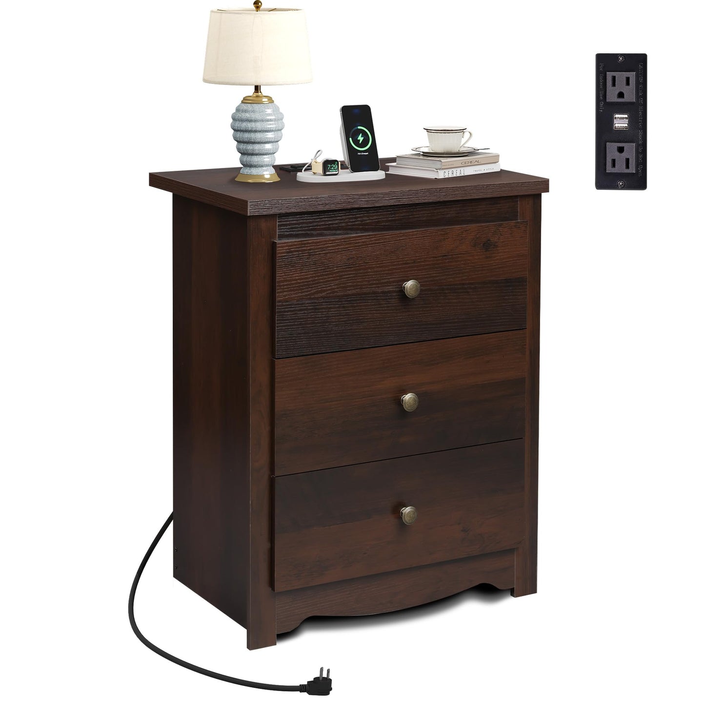 WLIVE Tall Nightstand with Charging Station, Wood Nightstand with 3 Drawers, Bedside Tables Bedroom, Dorm, End Table with 2 USB Ports and 2 AC Outlets, Bedside Table, Espresso