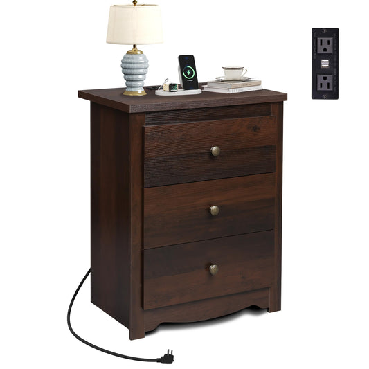 WLIVE Tall Nightstand with Charging Station, Wood Nightstand with 3 Drawers, Bedside Tables Bedroom, Dorm, End Table with 2 USB Ports and 2 AC Outlets, Bedside Table, Espresso