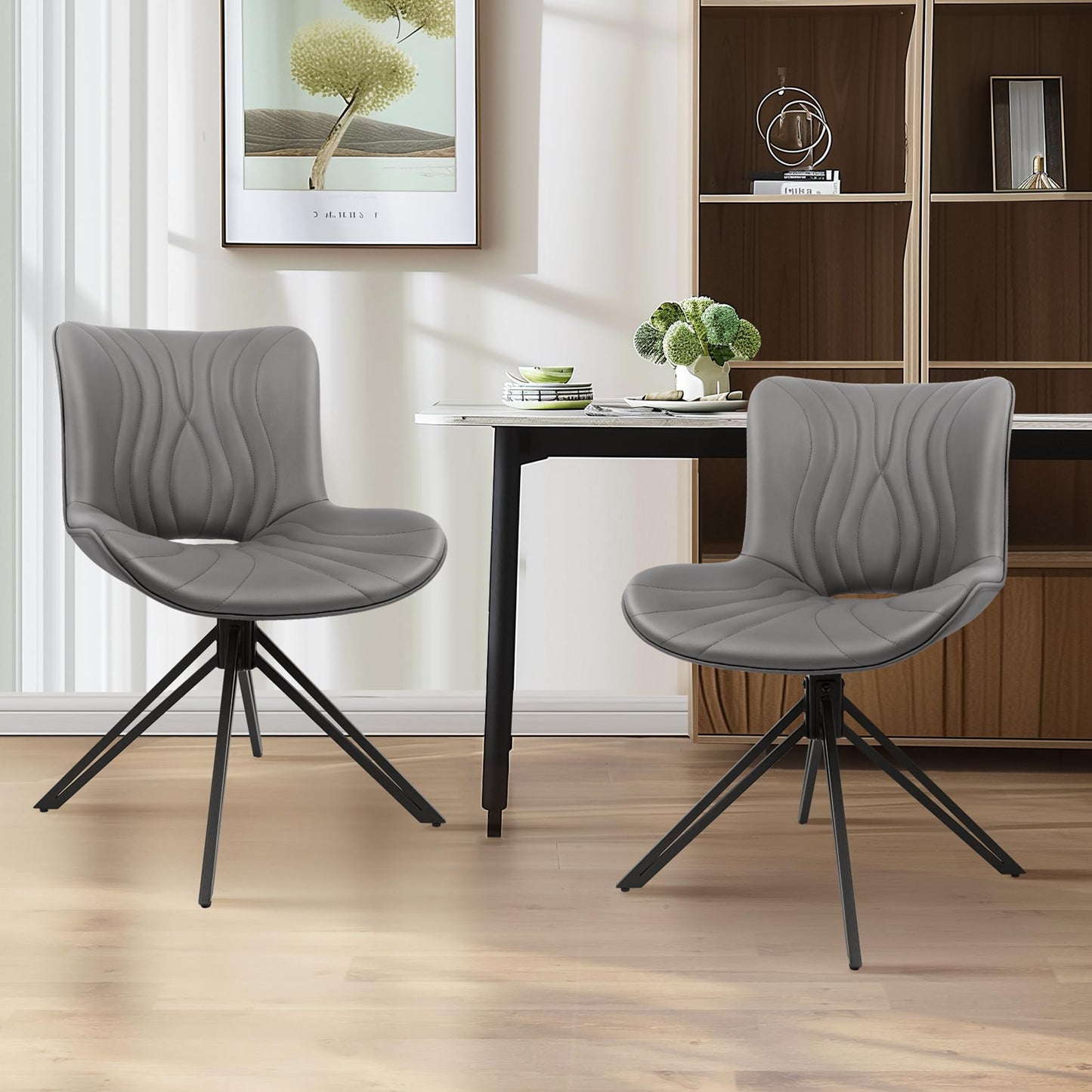 VATROS Dining Chairs Set of 6, 360° Swivel Upholstered Mid-Century Modern Kitchen Dining Room Chairs, Armless Faux Leather Accent Side Chair with Padded Back, Metal Legs for Living Room Bedrooms,Grey