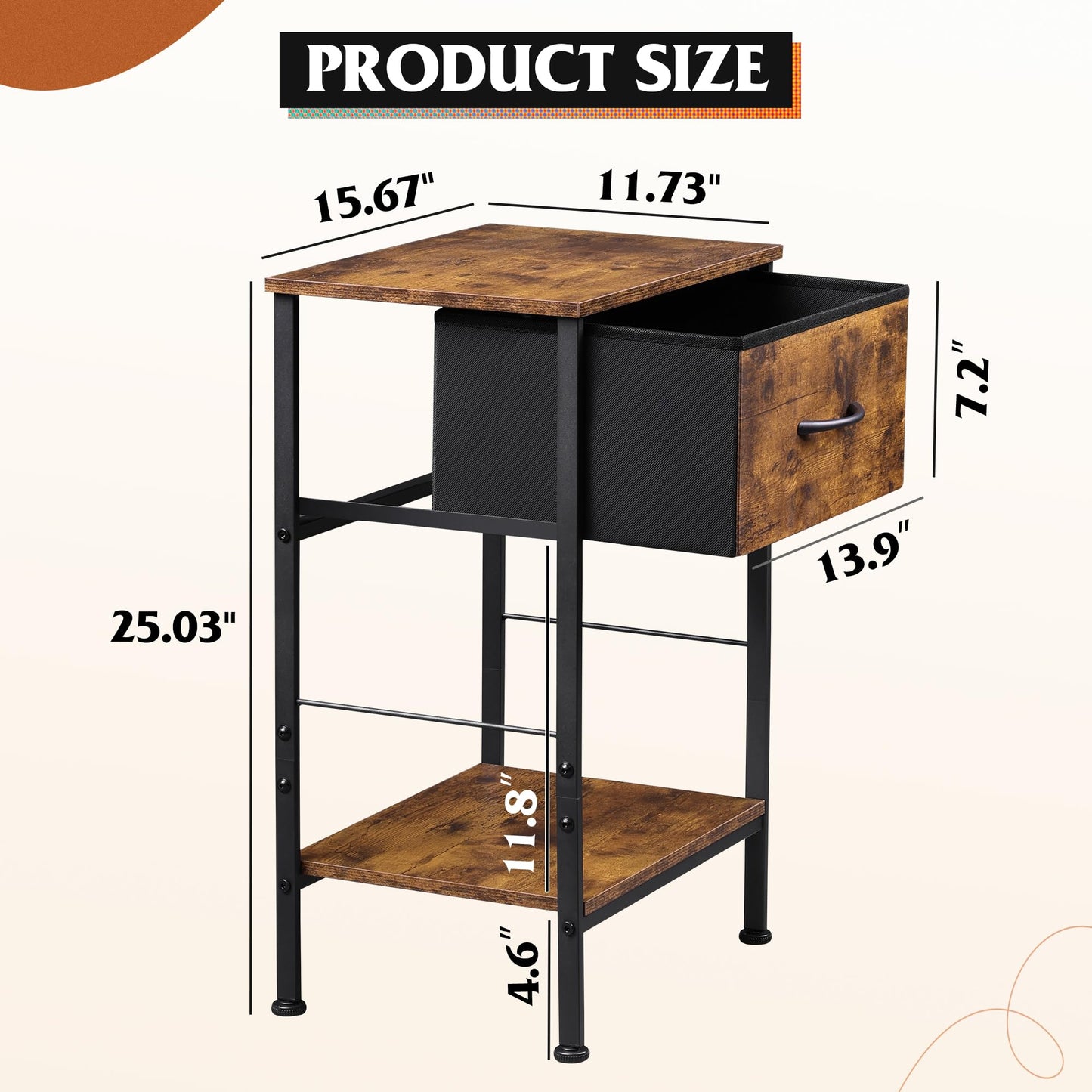 WLIVE Nightstand Set of 2, End Table with Fabric Storage Drawer and Open Wood Shelf, Bedside Furniture with Steel Frame, Side Table for Bedroom, Dorm, Rustic Brown Wood Grain Print, 25.03" Height