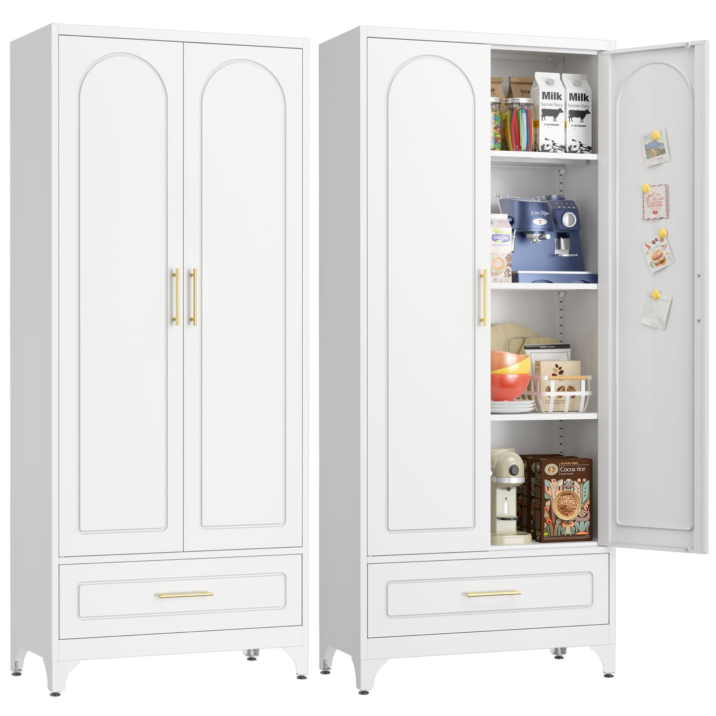 UNICOLY Pantry Kitchen Cabinet with Drawer, 75" Tall Pantry Storage Cabinet, Metal Storage Cabinets with Doors and Shelves, Large Freestanding Cupboard for Dining Room, Assembly Required, White