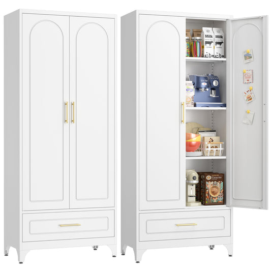 UNICOLY Pantry Kitchen Cabinet with Drawer, 75" Tall Pantry Storage Cabinet, Metal Storage Cabinets with Doors and Shelves, Large Freestanding Cupboard for Dining Room, Assembly Required, White