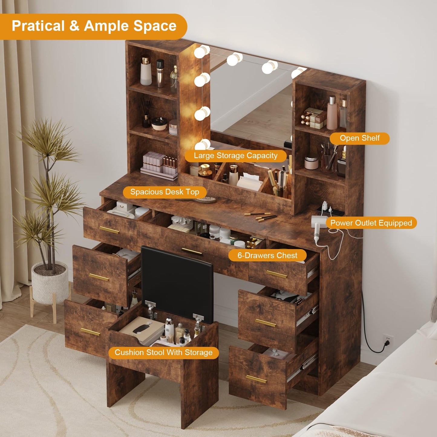 Garvee 56" Modern Vanity Set with LED Lighted Mirror,Farmhouse Makeup Vanity with Power Outlet&Storage Shelves,Bedroom Dressing Table for Women&Girls,3 Lighting Modes,Brightness Adjustable(Brown)
