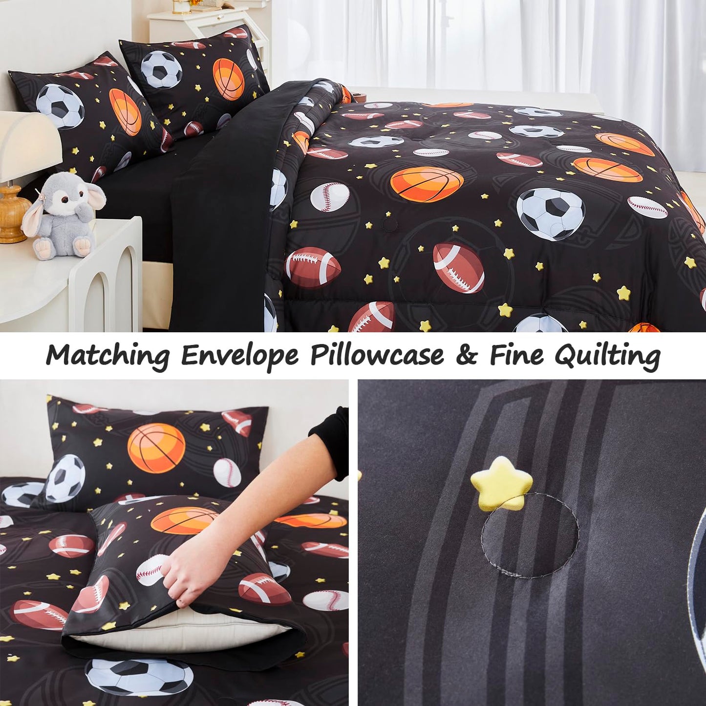 ZSYAYAHA Twin Bedding Set with Comforter 5 Pieces Boys Basketball Bedding Set Kids Sports Bed Set Soft Fluffy Baseball Soccer Bed in A Bag for All Season(Black Balls, Twin)