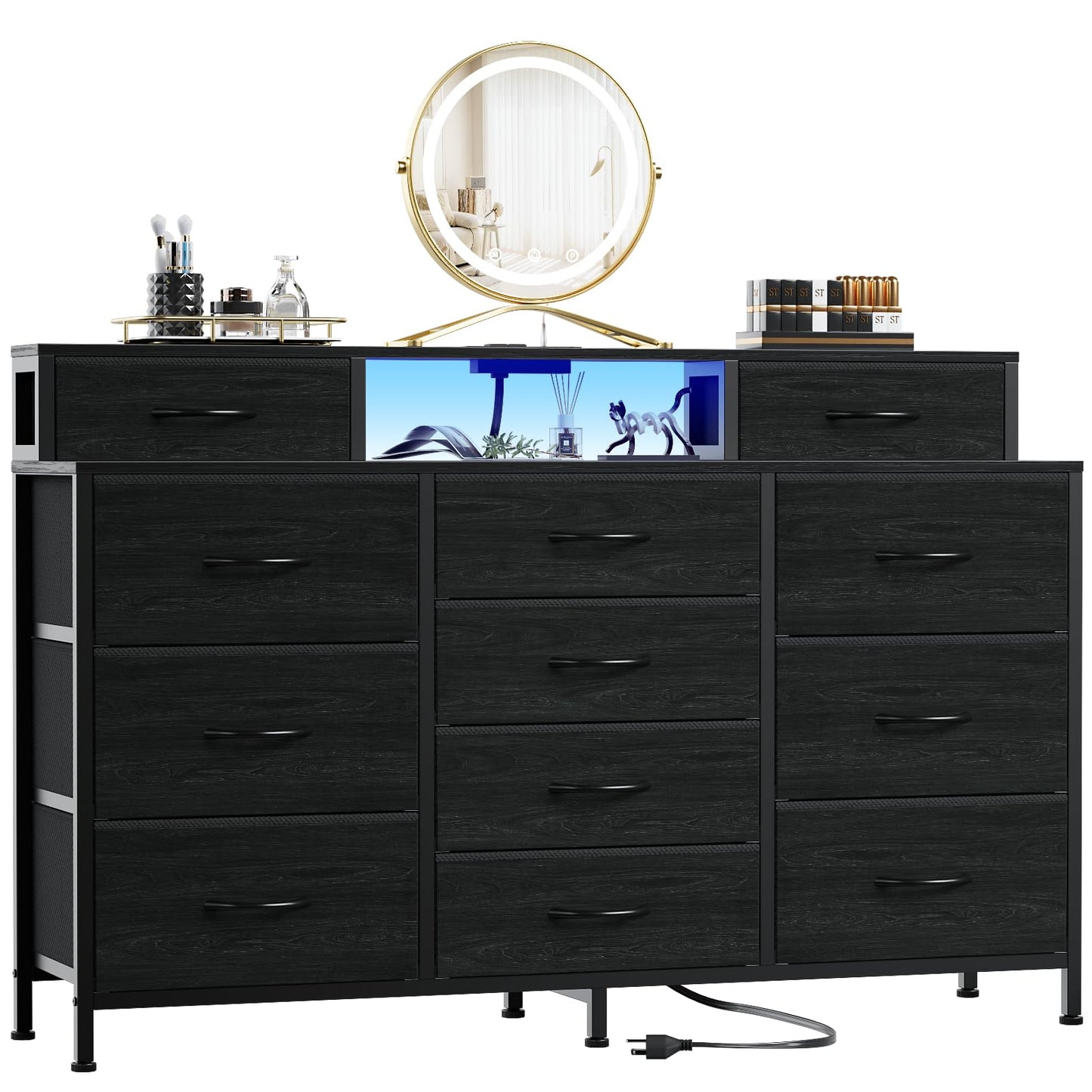Furnulem 55" W Dresser for Bedroom with LED Lights and Power Outlets,Black Large 12 Storage Drawers Long Fabric Chests Dressers with 2 Shelves for Closet,Living Room,Entryway,Wooden Top,Metal Frame