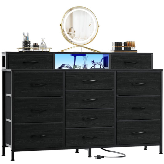 Furnulem 55" W Dresser for Bedroom with LED Lights and Power Outlets,Black Large 12 Storage Drawers Long Fabric Chests Dressers with 2 Shelves for Closet,Living Room,Entryway,Wooden Top,Metal Frame