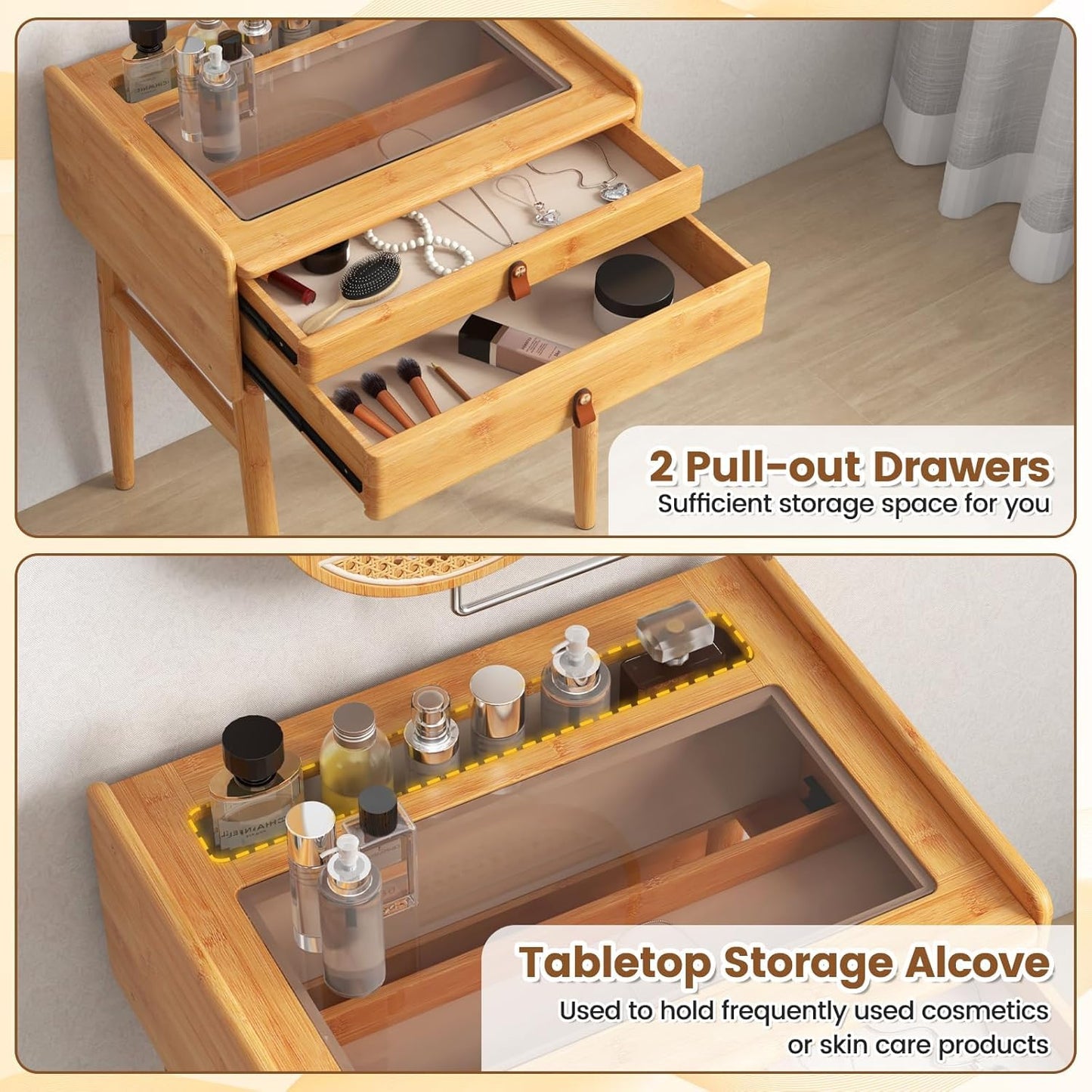 Generic Byroce Boho Vanity Desk, Makeup Vanity Table Set w/Mirror, Modern Vintage Dressing Table w/ 2 Drawers & Jewellery Display Tabletop, Rattan & Bamboo Style (Table & Stool Set), Natural