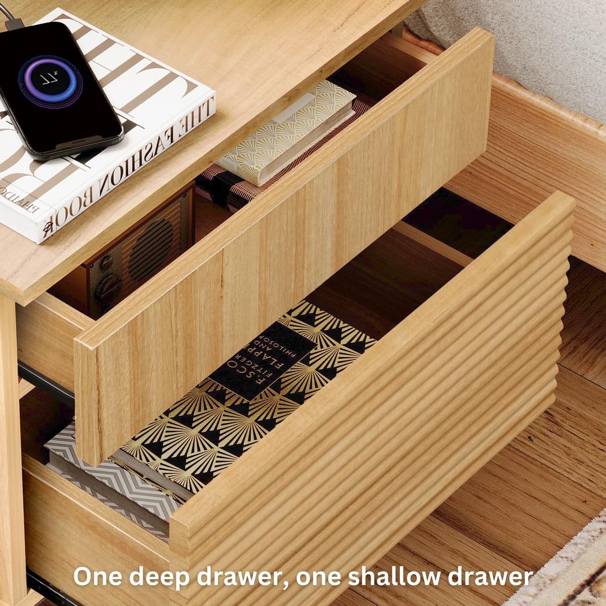 WAMPAT Fluted Nightstand with Charging Station,19.1" W Mid Century Modern Night Stands, Wood Side End Table with 2 Drawers, Wood Bedside Table with Metal Legs for Bedroom,Living Room, Oak (1)