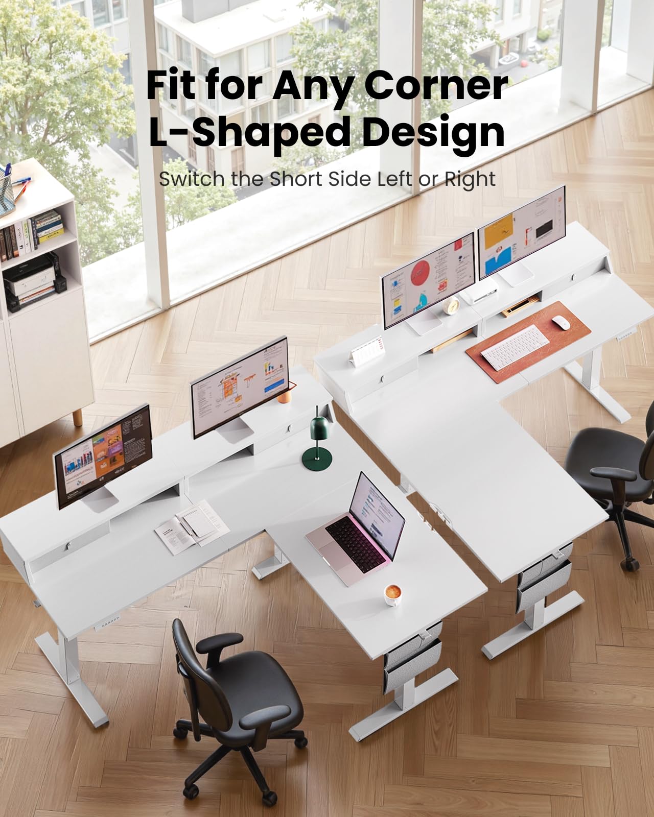 ErGear L Shaped Electric Standing Desk, 63" Ergonomic Corner Height Adjustable Desk with Drawers, Sit Stand Computer Table with Storage for Work Office Home, White