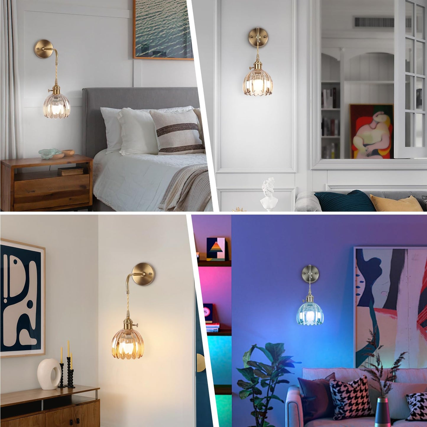 Vintage Battery Operated Wall Sconces Sets Of Two,Indoor not Hardwired Amber Tulip Glass Lampshade Fixtures,Rechargeable Wireless RGB Wall Lights with Dimmable Remote Control,for Bedroom Living Room