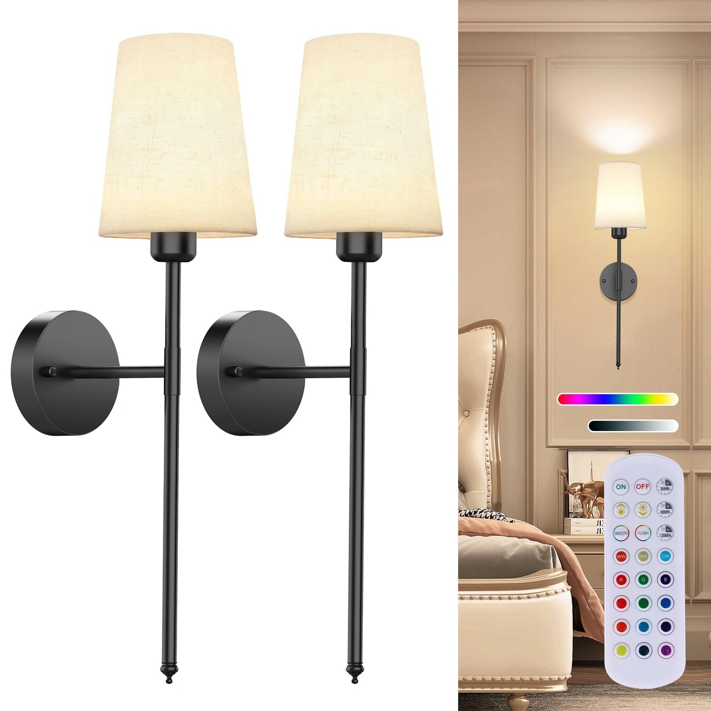 10000mAh Battery Operated Wall Sconces Set of Two, Wireless Wall Sconce with Rechargeable Bulbs and Remote,15 Colors & Dimmable,Black Sconces Wall Decor Set of 2 for Bedroom Living Room Hallway