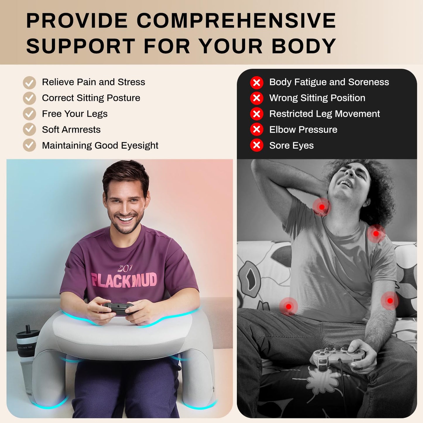 WOGAHEV Reading Pillow for Bed, Lap Desk for Laptop, Memory Foam Arm Rest Support Gaming Pillow with Cup/Phone Pocket, Laptop Lap Desk for Working, Gaming, Reading on Couch Bed Floor- Grey