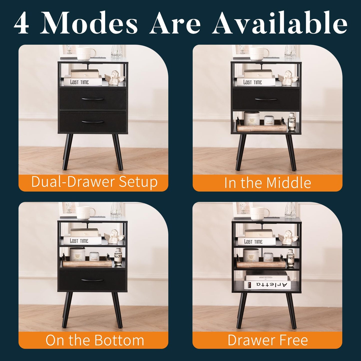 Yoobure LED Night Stand with Charger Station, Mid Century Modern Nightstand with Fabric Drawers, Bedside Table Nightstands with Storage Shelf, Bed Side Table Small Night Stands for Bedroom Living Room