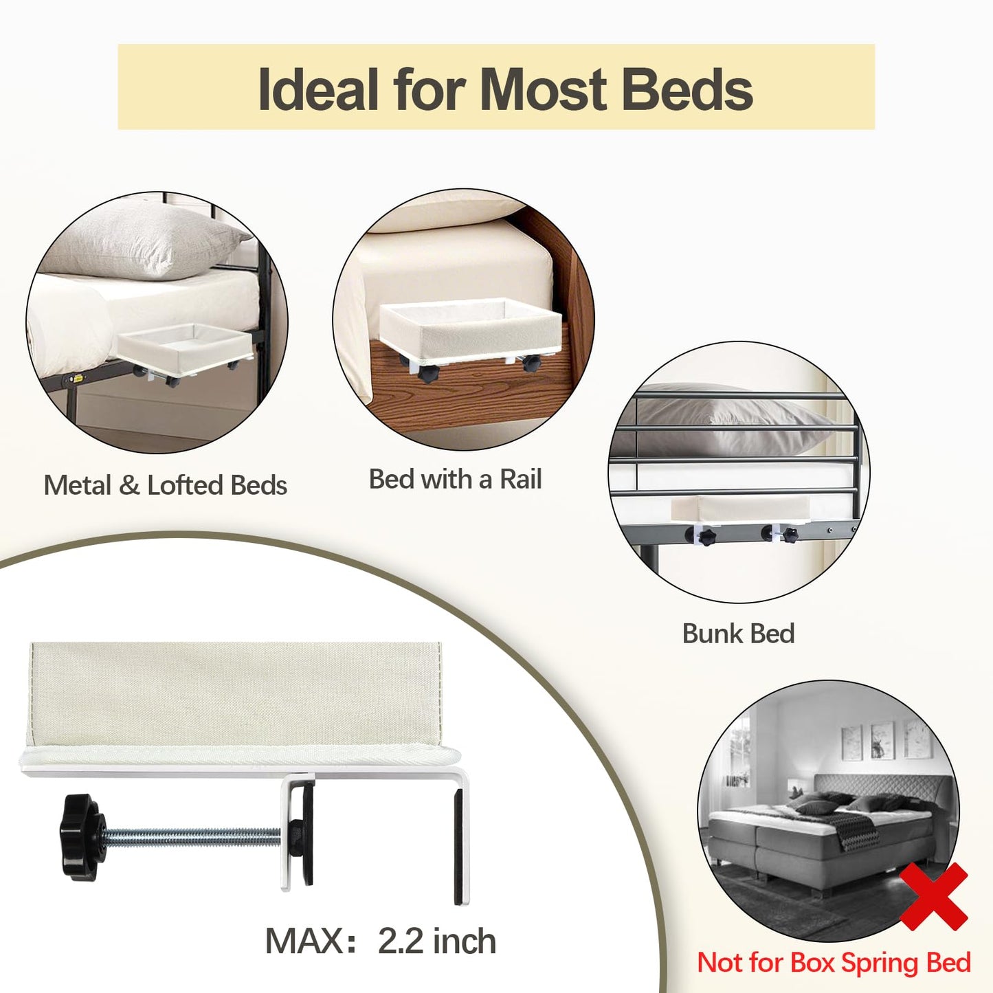 WOMACO Bedside Shelf for Bunk/Loft Bed, College Dorm Room, Top Bunk Bed Side Tray, Clamp On Bedside Remote Control Storage Caddy Cup Holder (Beige, Medium)