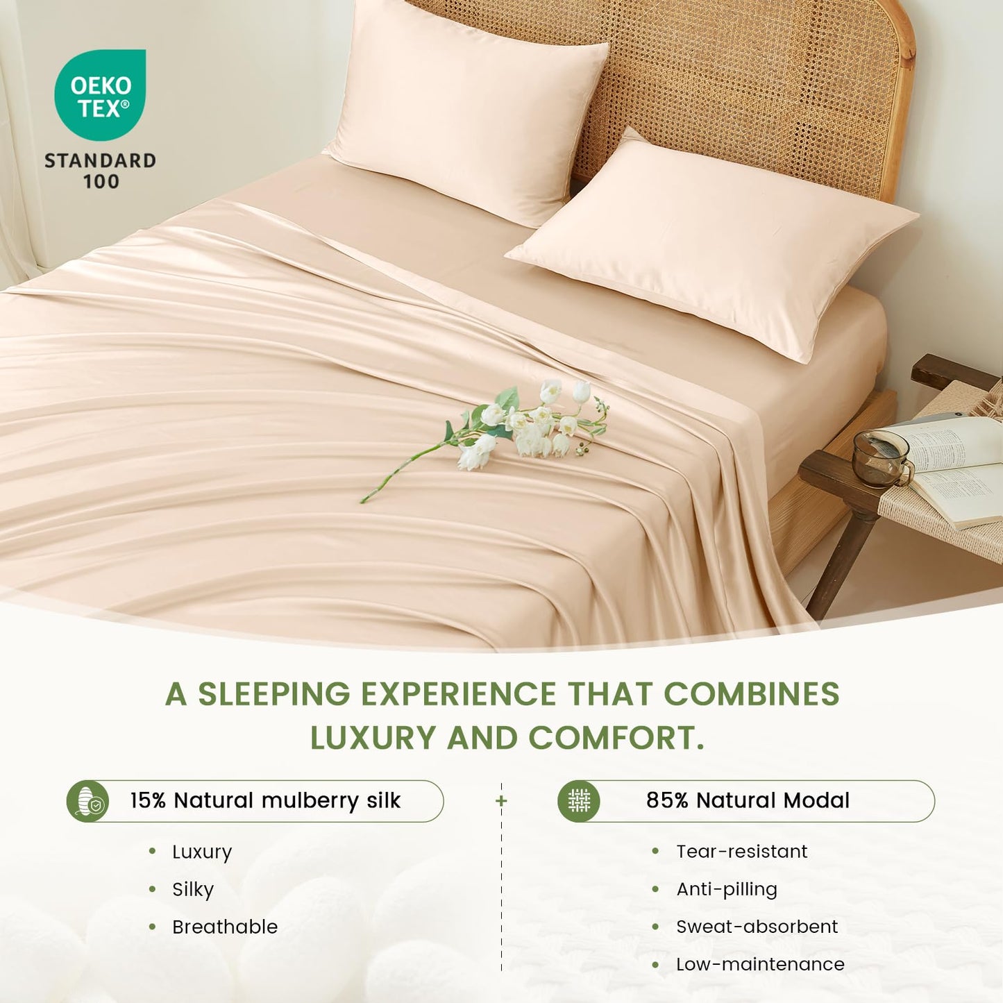 THXSILK Luxury Mulberry Silk Bed Sheets Set - 4pcs Silk Sheets Set 16" Deep Pocket - 1 Fitted Sheet, 1 Flat Sheet, 2 Pillowcases with Zipper Closure - King, Champagne