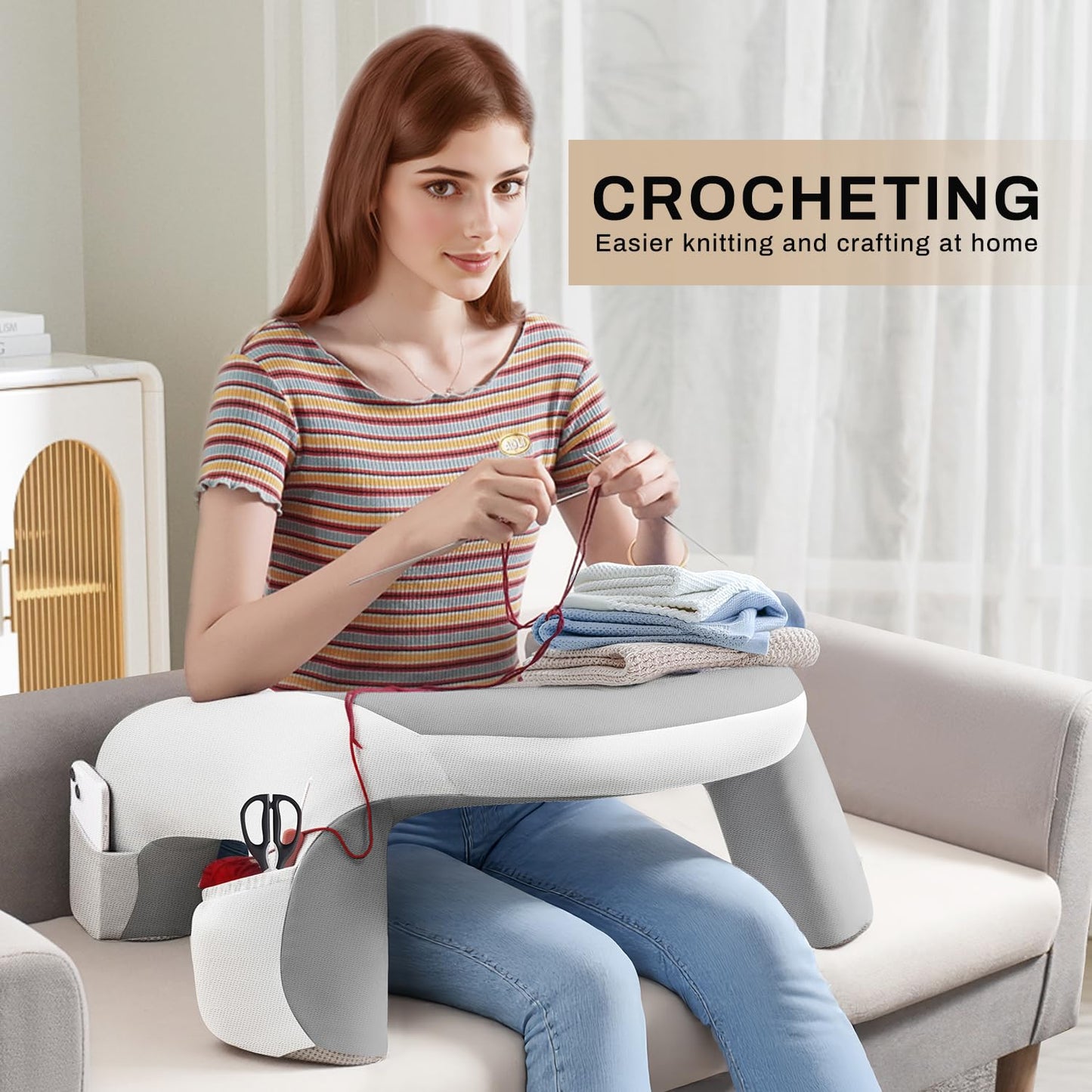 WOGAHEV Laptop Lap Desk, Reading Pillow for Bed, Memory Foam Arm Rest Support Gaming Pillow with Cup/Phone Pocket, Laptop Lap Desk for Working, Gaming, Reading on Couch Bed Floor- White