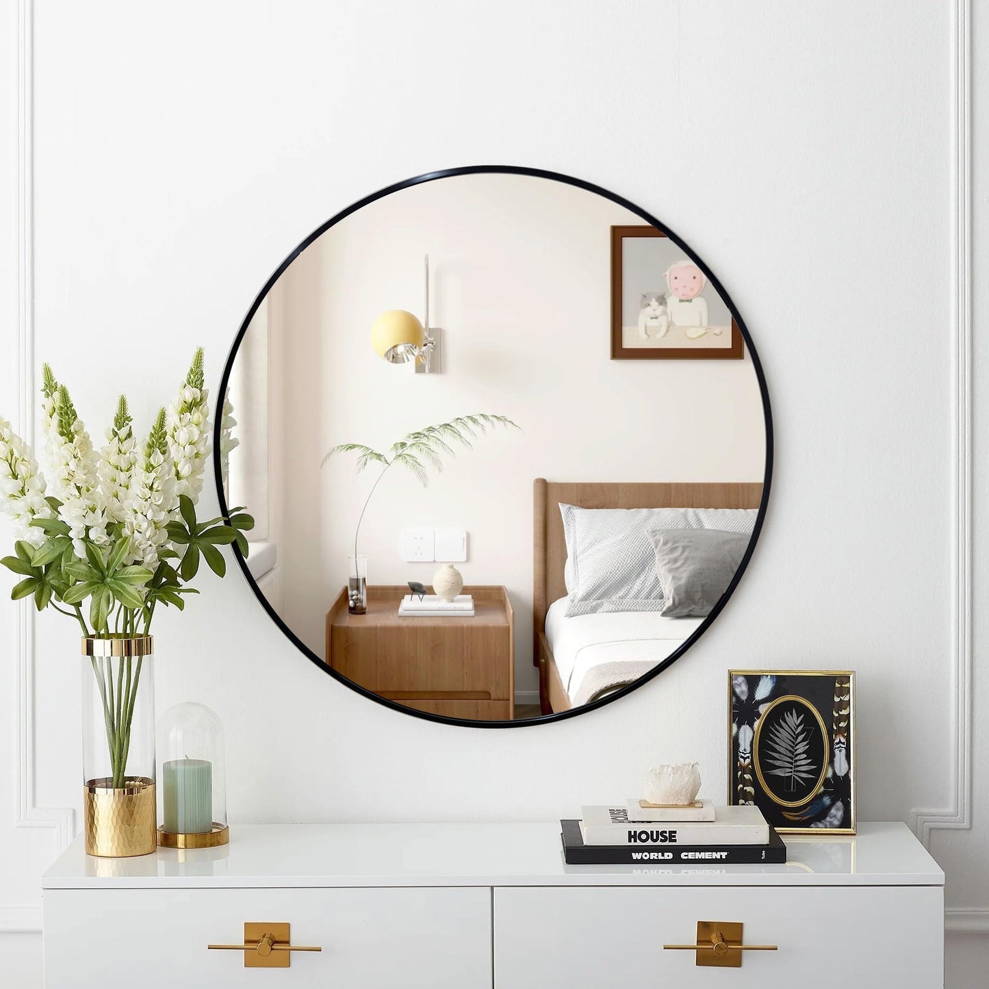 Umzodo 30 inch Round Black Mirror, Brushed Black Metal Framed Circle Wall Mirror for Bathroom Vanity, Bedroom Decor, Living Room, Entryway