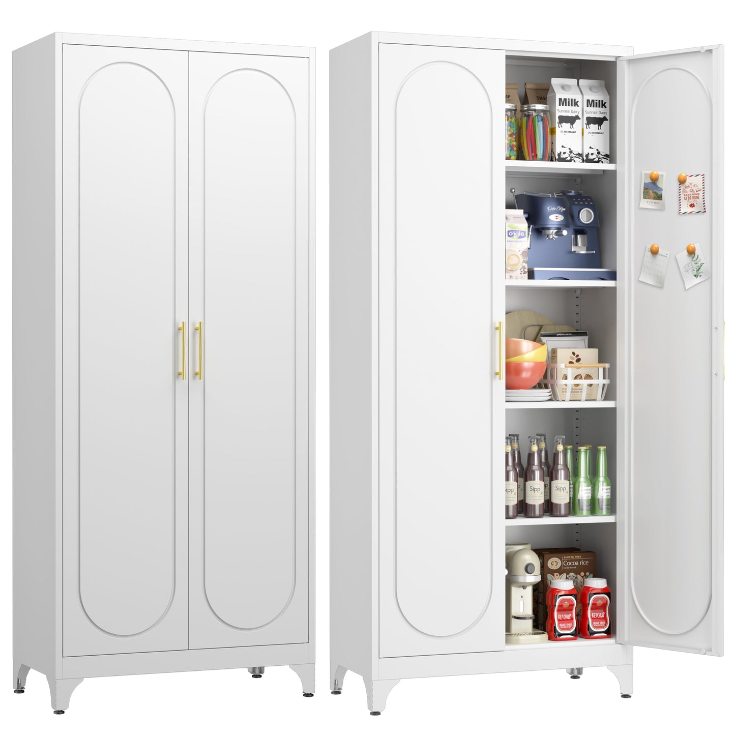 UNICOLY 75" Metal Pantry Cabinet, Storage Cabinet with Doors and Shelves, Cupboard with Adjustable Leveling Foot, for Laundry, Living Room, Dinning Room, Assembly Required, White