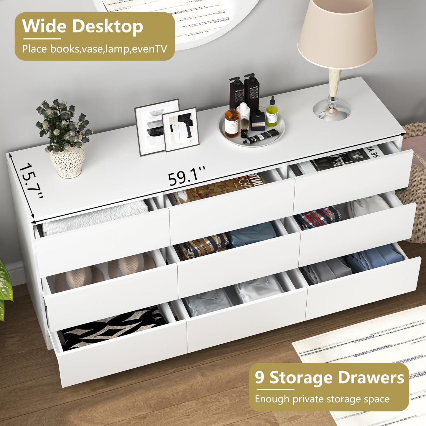 VERYKE White Dresser for Bedroom,Modern Long 9 Drawer Dresser with Deep Drawer,Large Storage Chest of Drawers,Wide Wood Bedroom Storage Furniture,TV Stand for Living Room