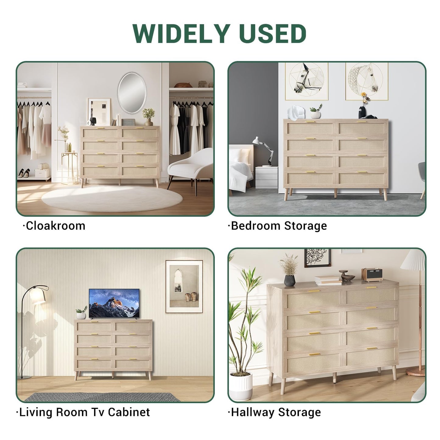 8 Drawer Rattan Dresser,47.2" x 15.7" x 37" Modern Chest of Drawers Beside Table,Mid Century Modern Dresser for Closet with Handles for Bedroom, Living Room,Hallway, Entryway