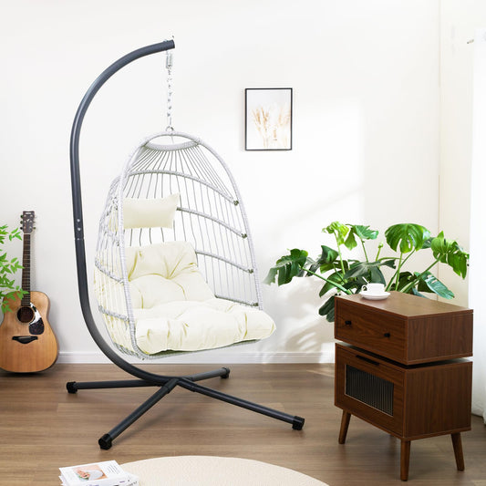 Yzwetcy Egg Chair with Stand Outdoor Foldable Patio Wicker Hanging Swing Chairs for Bedroom Balcony with Cushions 350Lbs Indoor Lounge Basket All Weather Hammock Swinging Chair, Cream